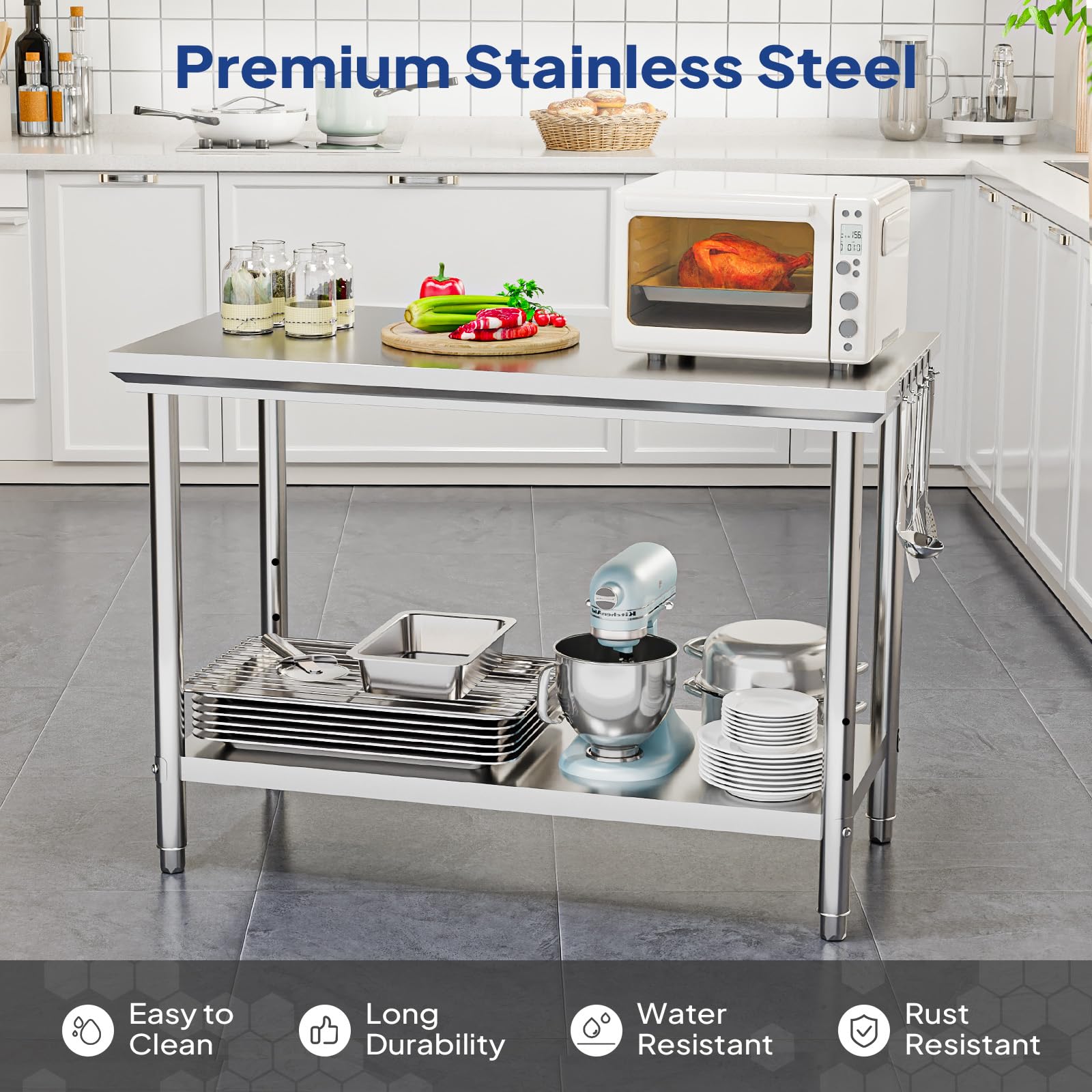 ROVSUN 48" x 24" Stainless Steel Table with Hooks & Undershelf