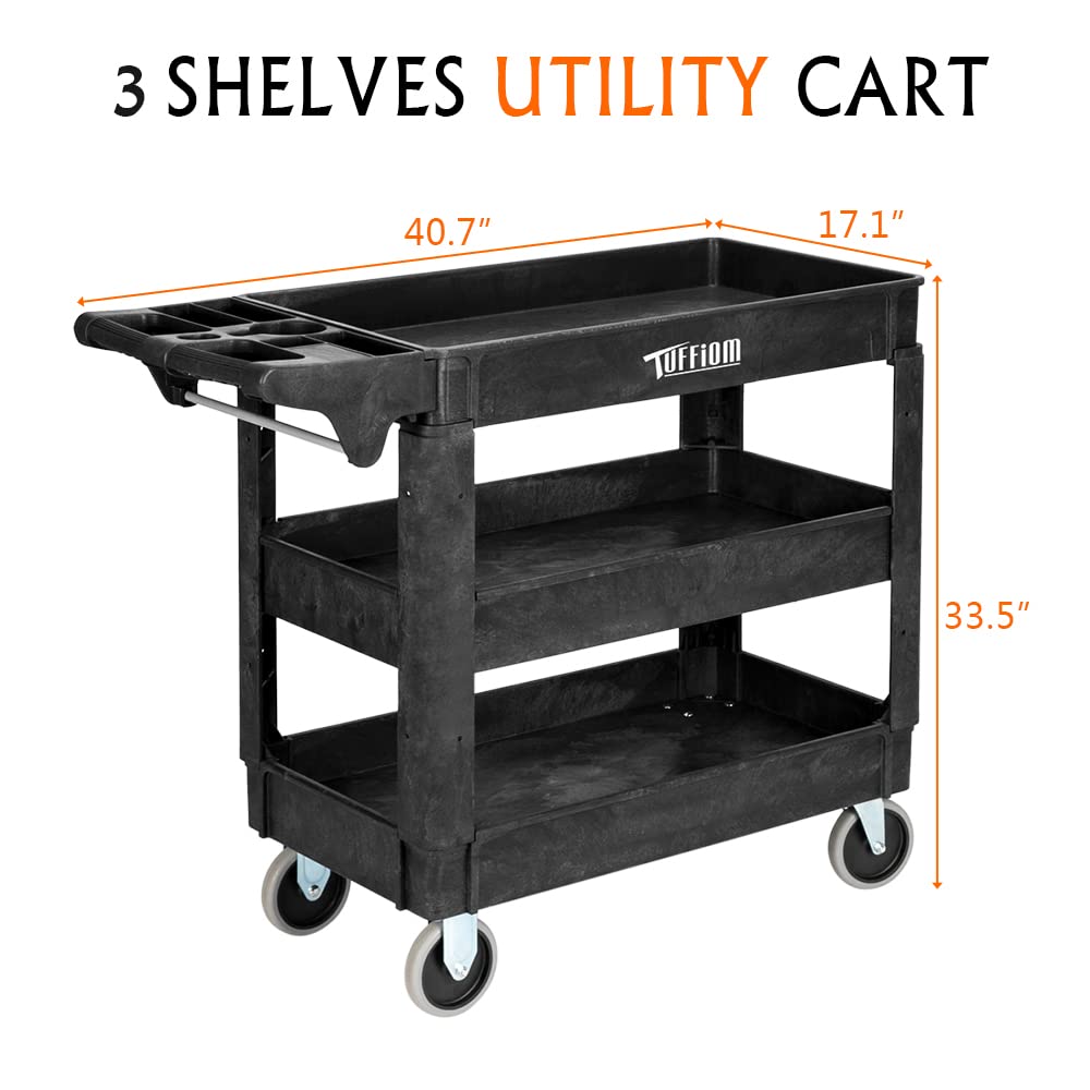 3-Tier 40" x 17" 550 lb. Capacity Plastic Utility Cart with Wheels Black