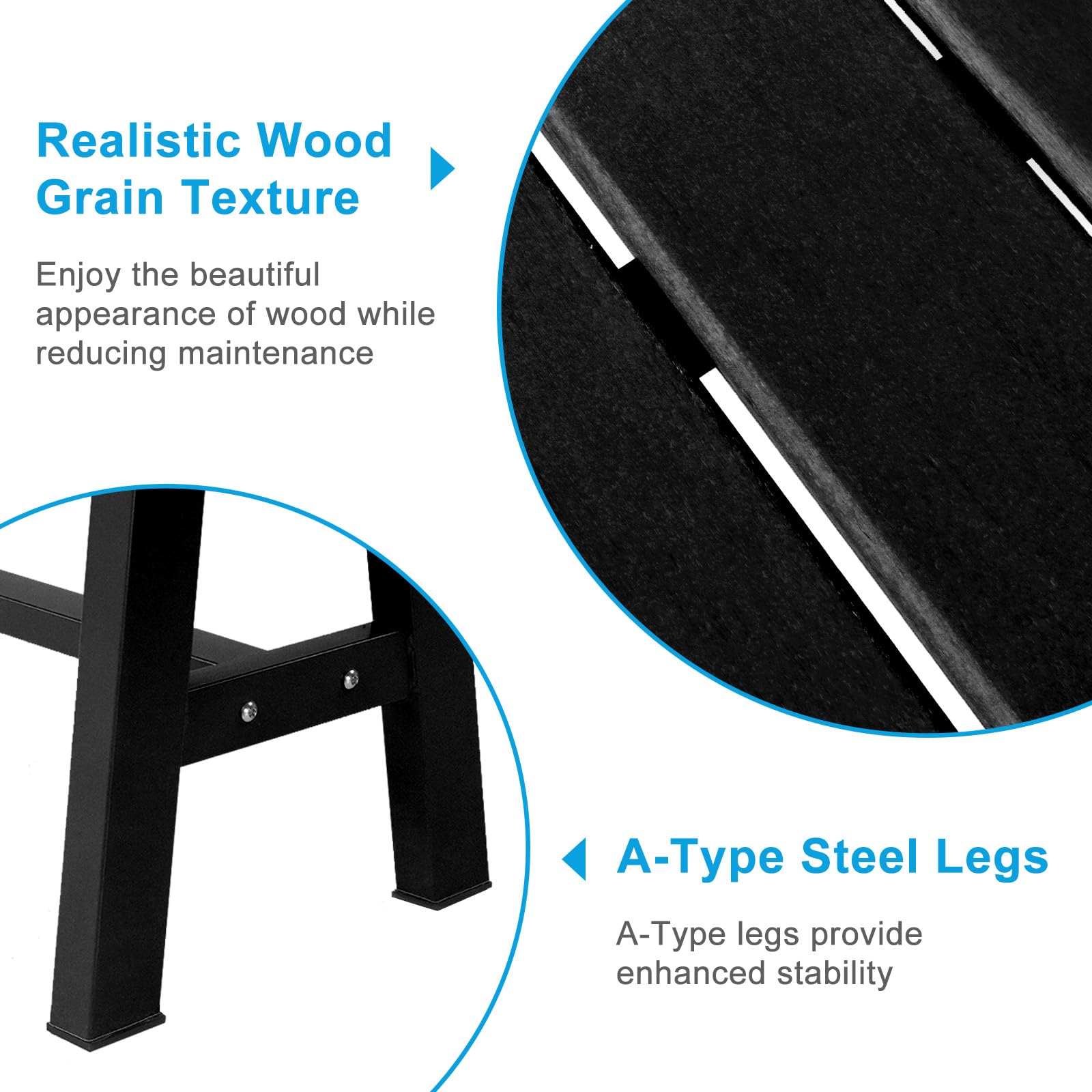 47" HDPE Outdoor Bench with Metal Legs Black