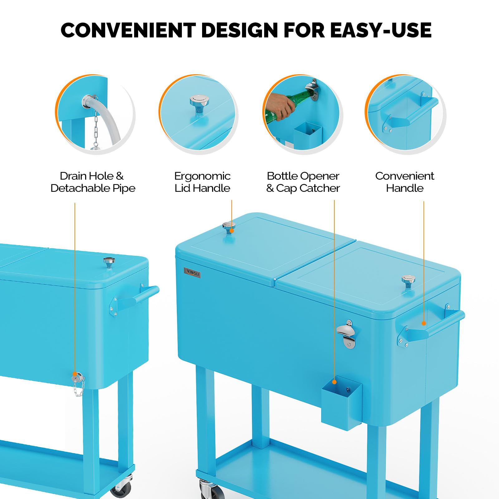 80 Quart Portable Outdoor Patio Rolling Cooler Cart Light Blue