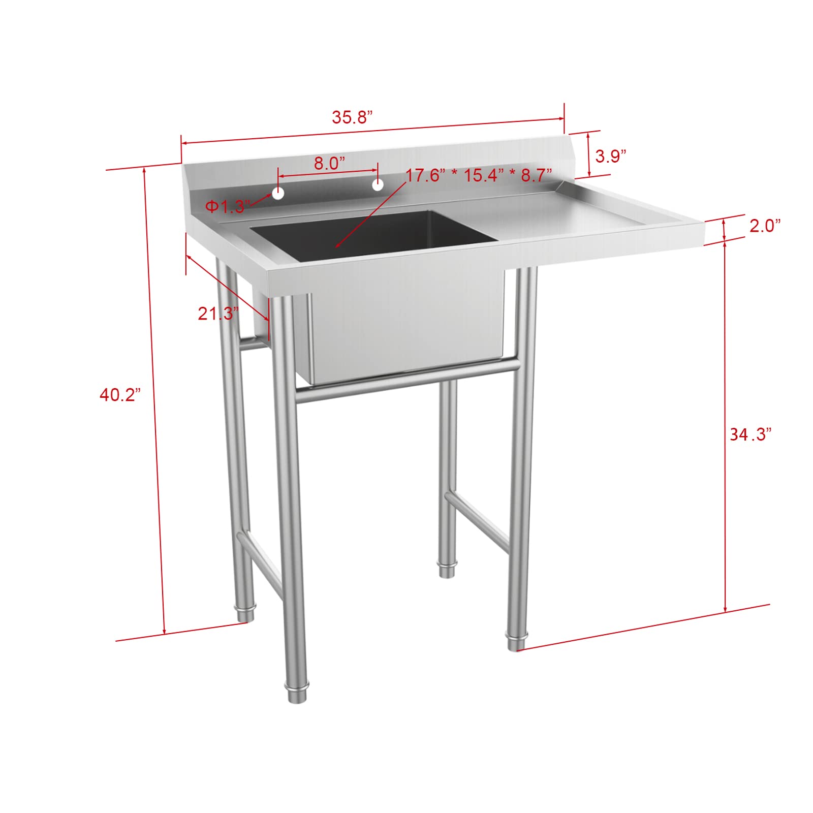 ROVSUN 36" x 21" 1 Compartment 304 Stainless Steel Sink with Right Drainboard