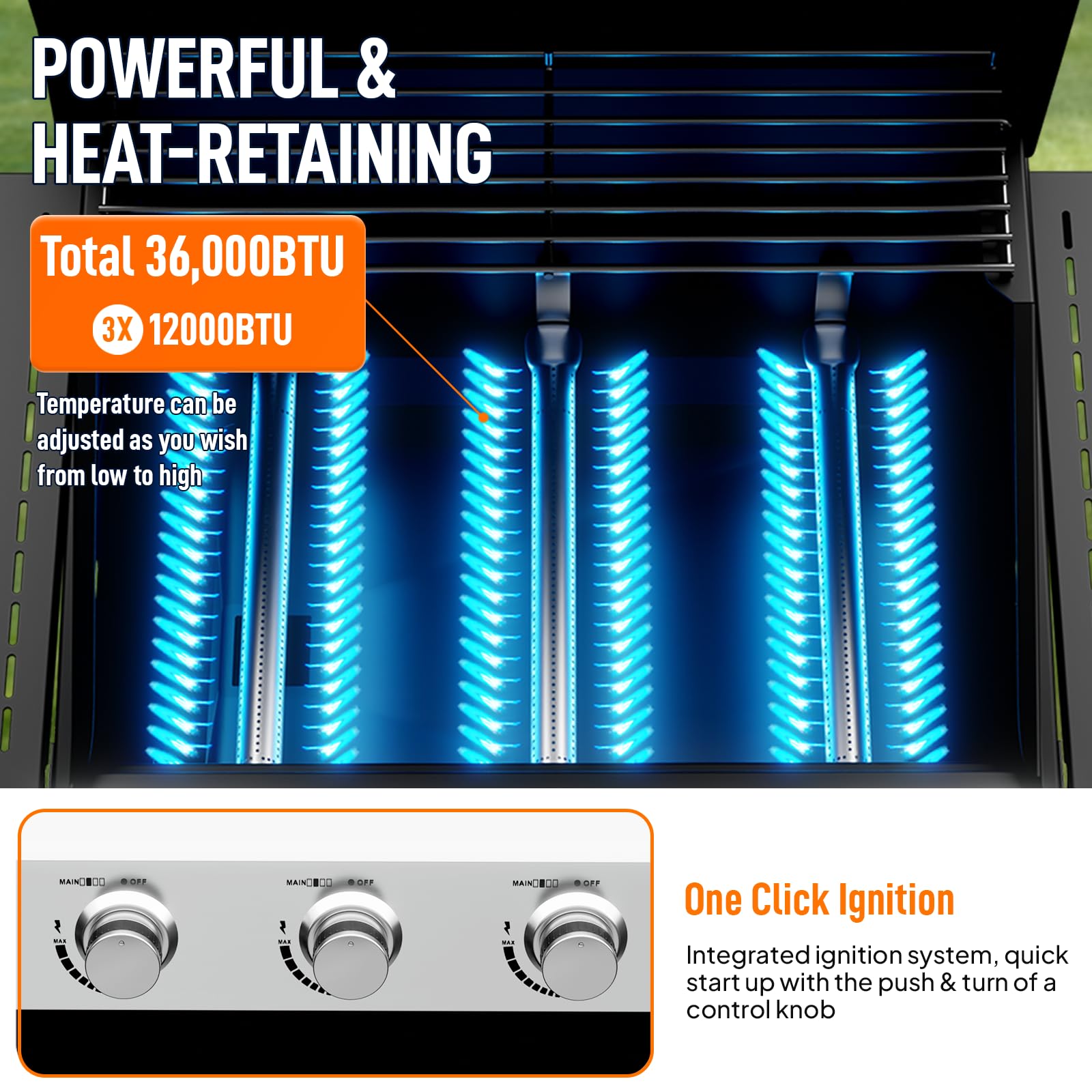 ROVSUN 3-Burner 36,000 BTU Propane Grill with Foldable Side Tables & Wheels