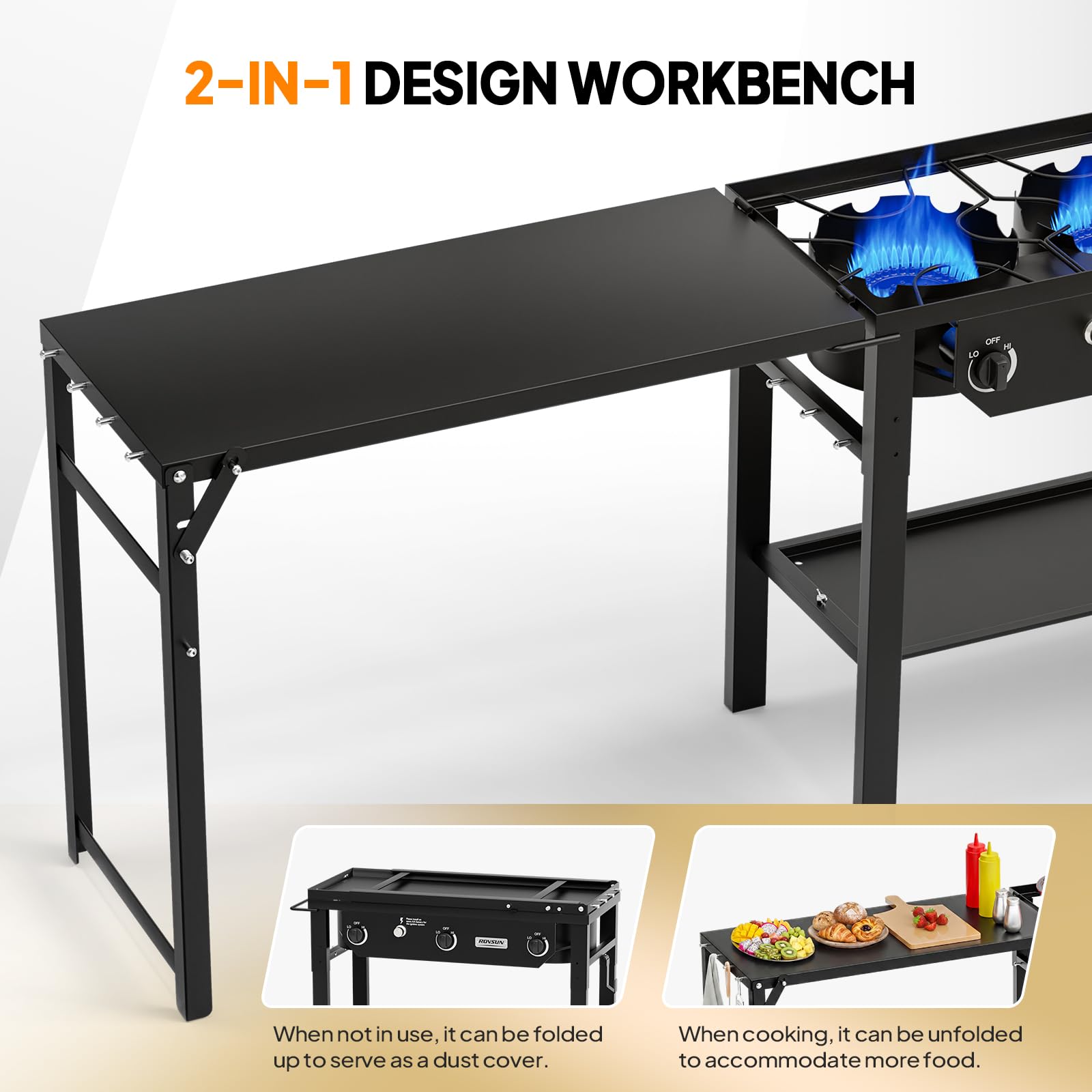 ROVSUN 3-Burner 225000 BTU Outdoor Camping Propane Stove with Foldable Work Station