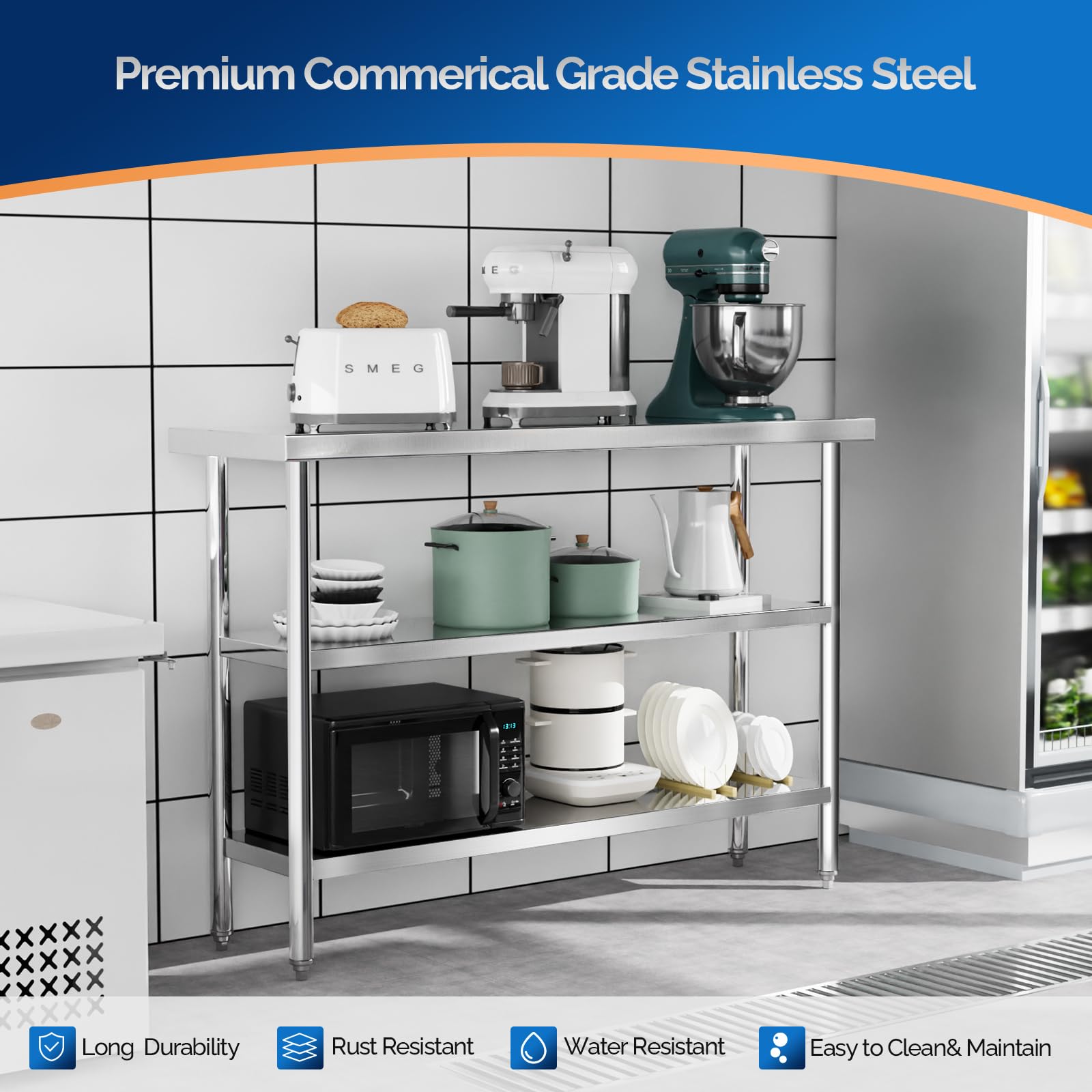 ROVSUN 48" x 14" Stainless Steel Table with 2 Shelves