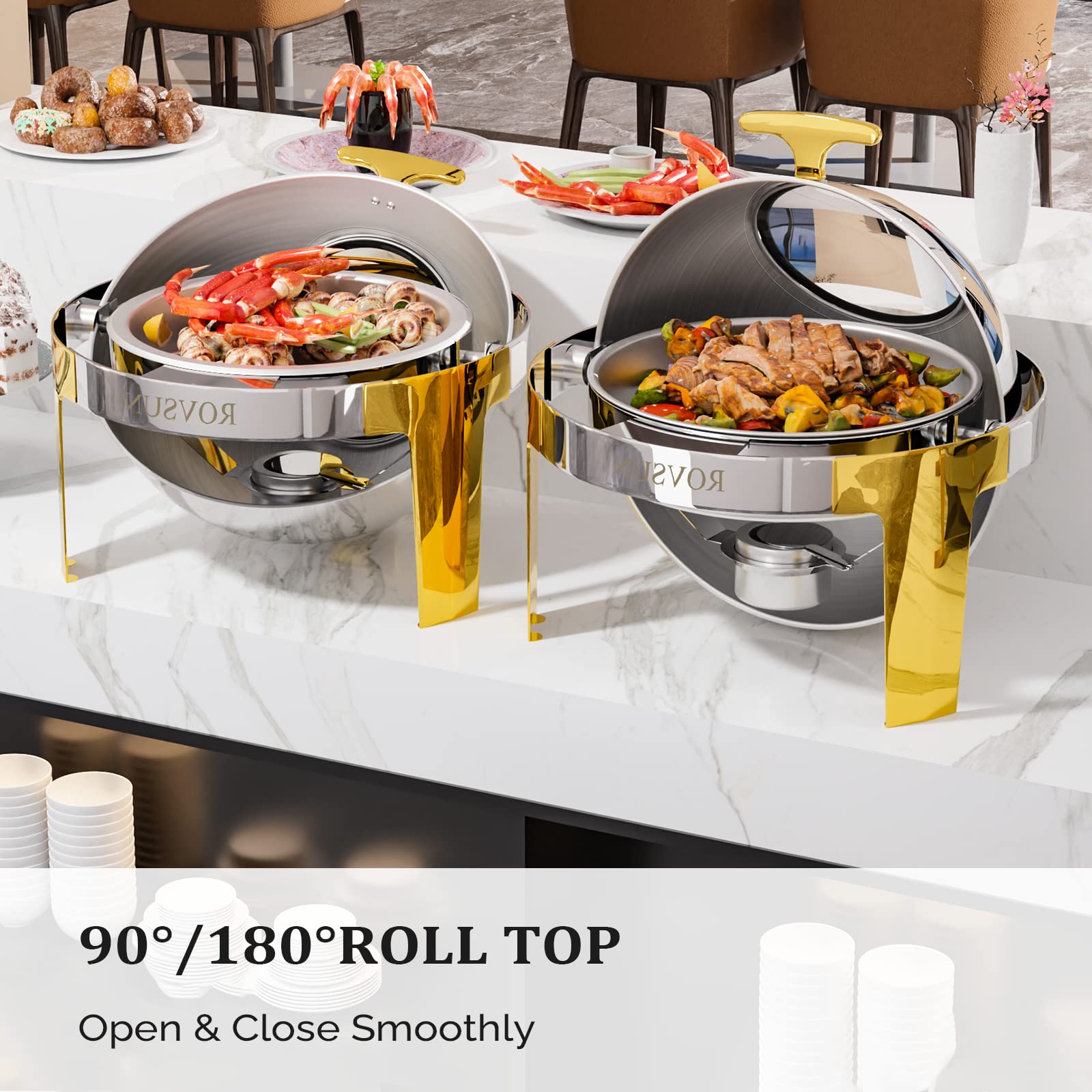 ROVSUN 6 QT Roll Top Round Silver Gold Chafing Dish Buffet Set with Visible Window