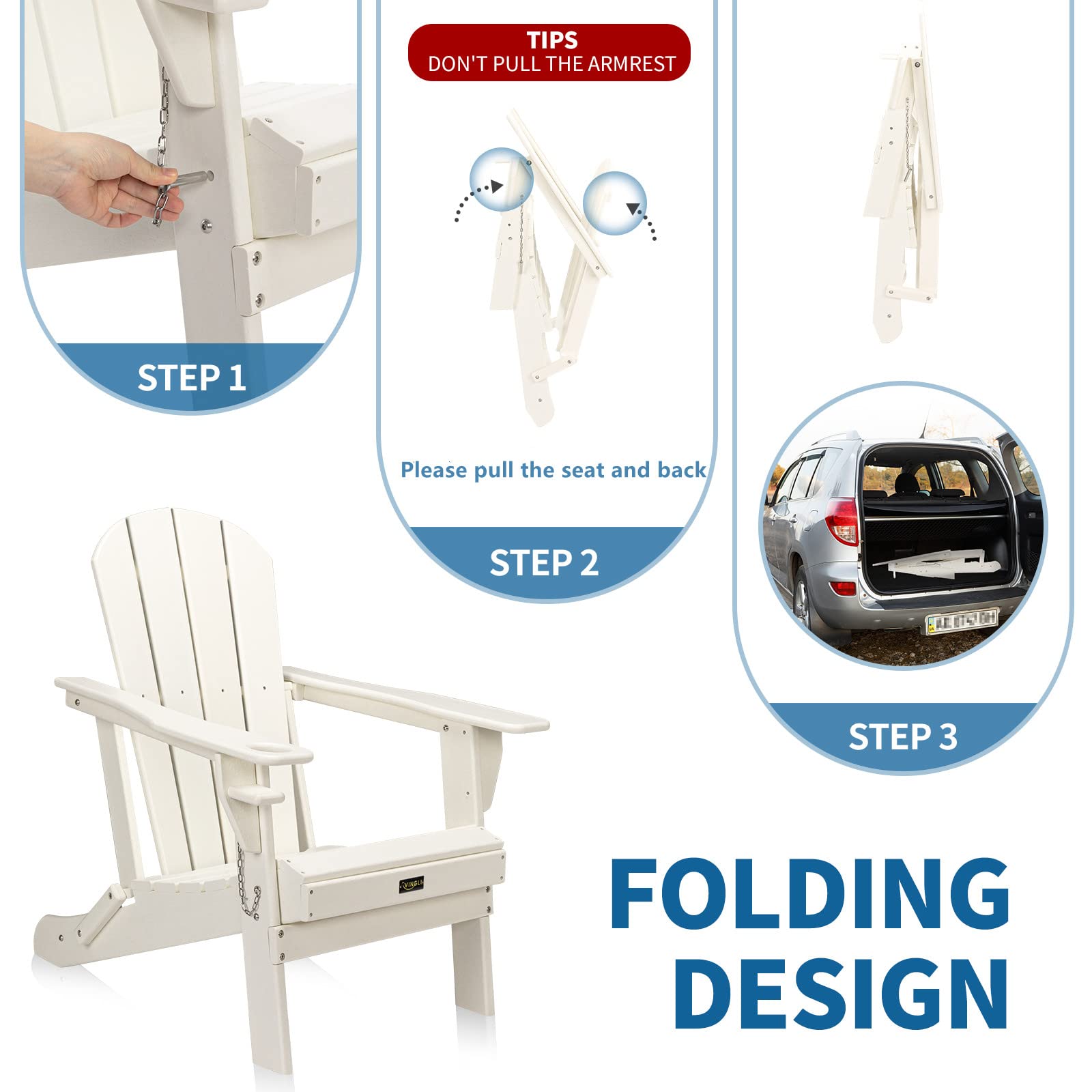 Plastic Folding HDPE Adirondack Chair with Cup Holder White
