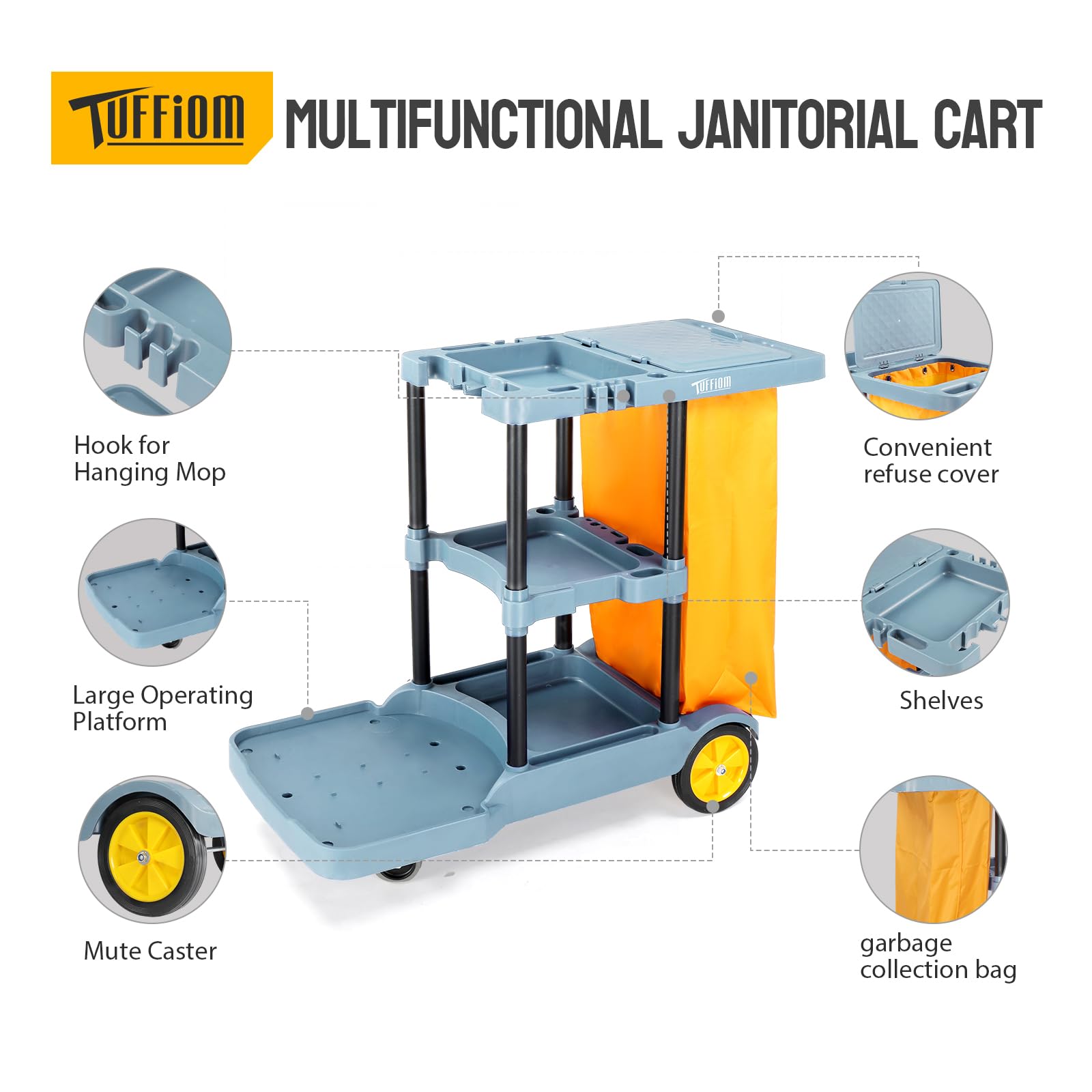 3-Tier 500 LBS Capacity Janitorial Cart with 22 Gallon Bag Blue