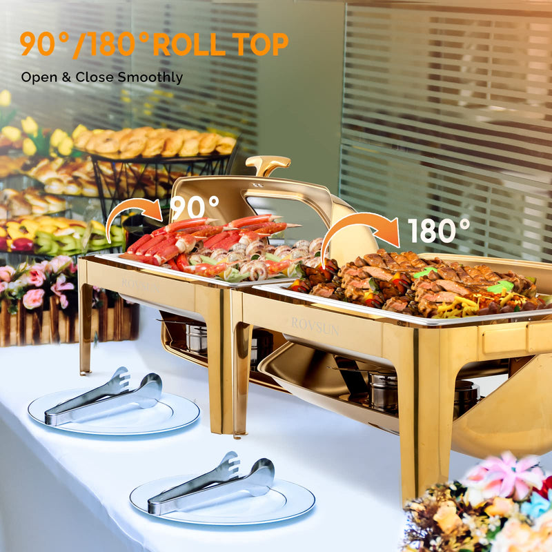 ROVSUN 9 QT Rectangle Roll Top Chafing Dish Buffet Set with Full Size Pan & Glass Window