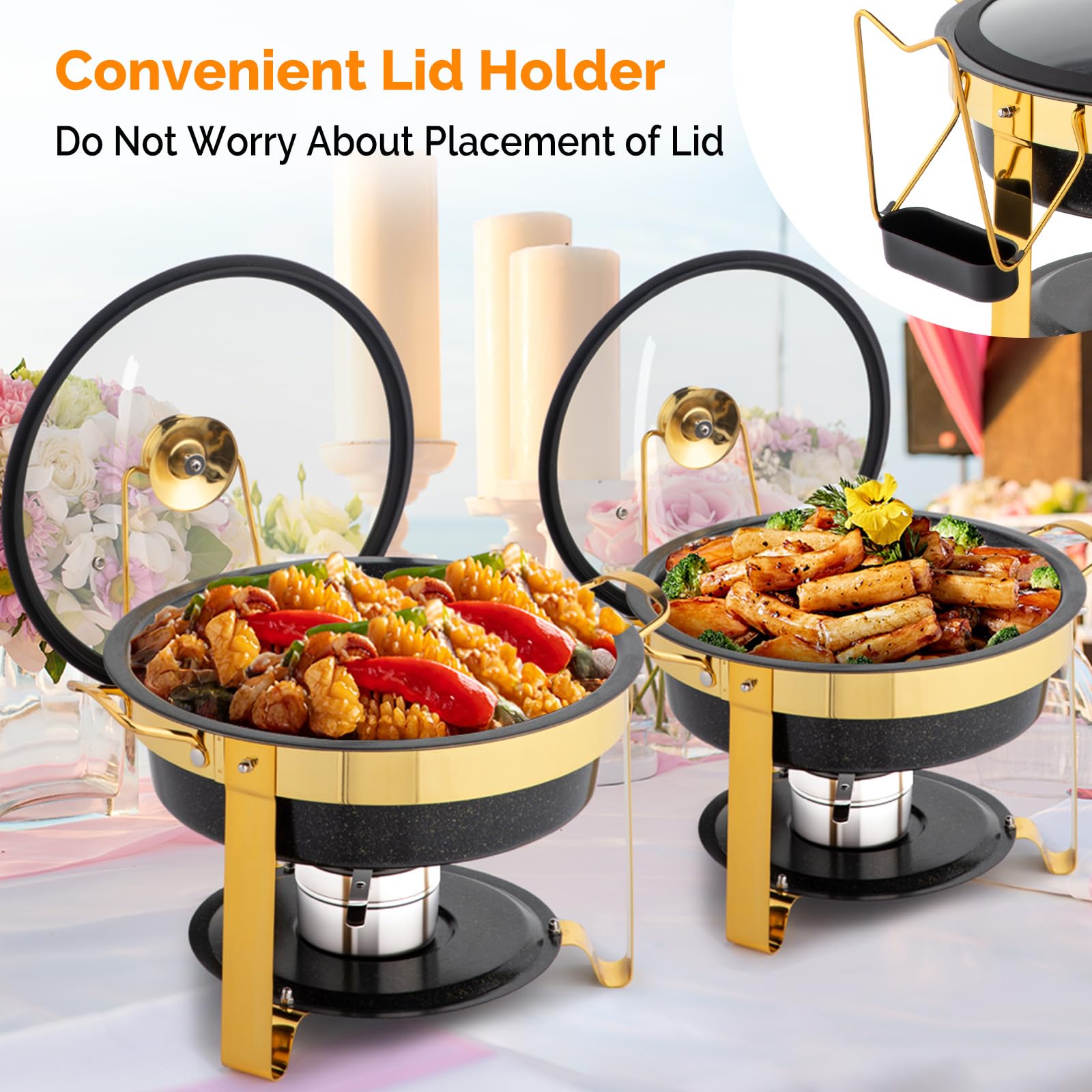 ROVSUN 5 QT Round Black & Gold Chafing Dish Buffet Set with Lid Holder