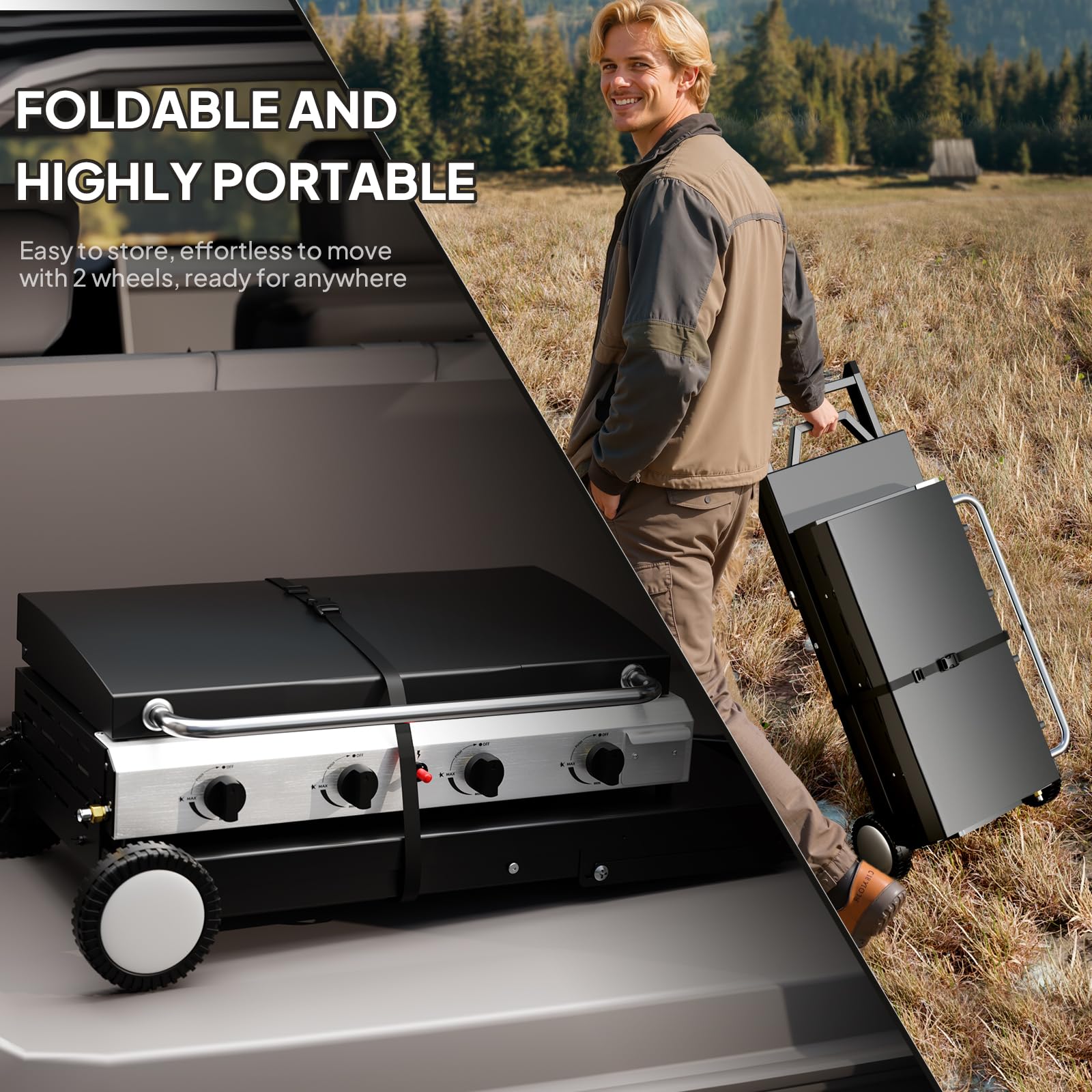 ROVSUN 4-Burner 40,000 BTU Foldable Propane Griddle with Wheels & Lid