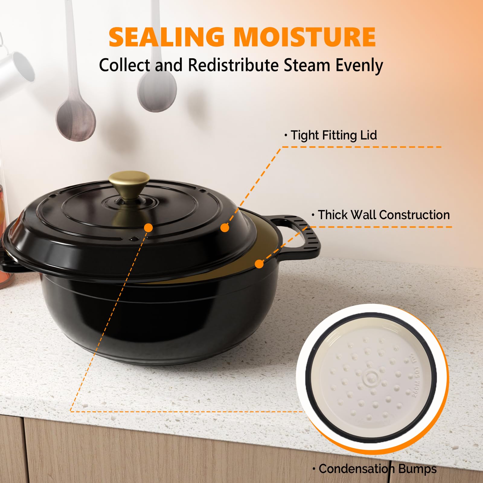 ROVSUN 6 QT Enameled Cast Iron Round Dutch Oven Black