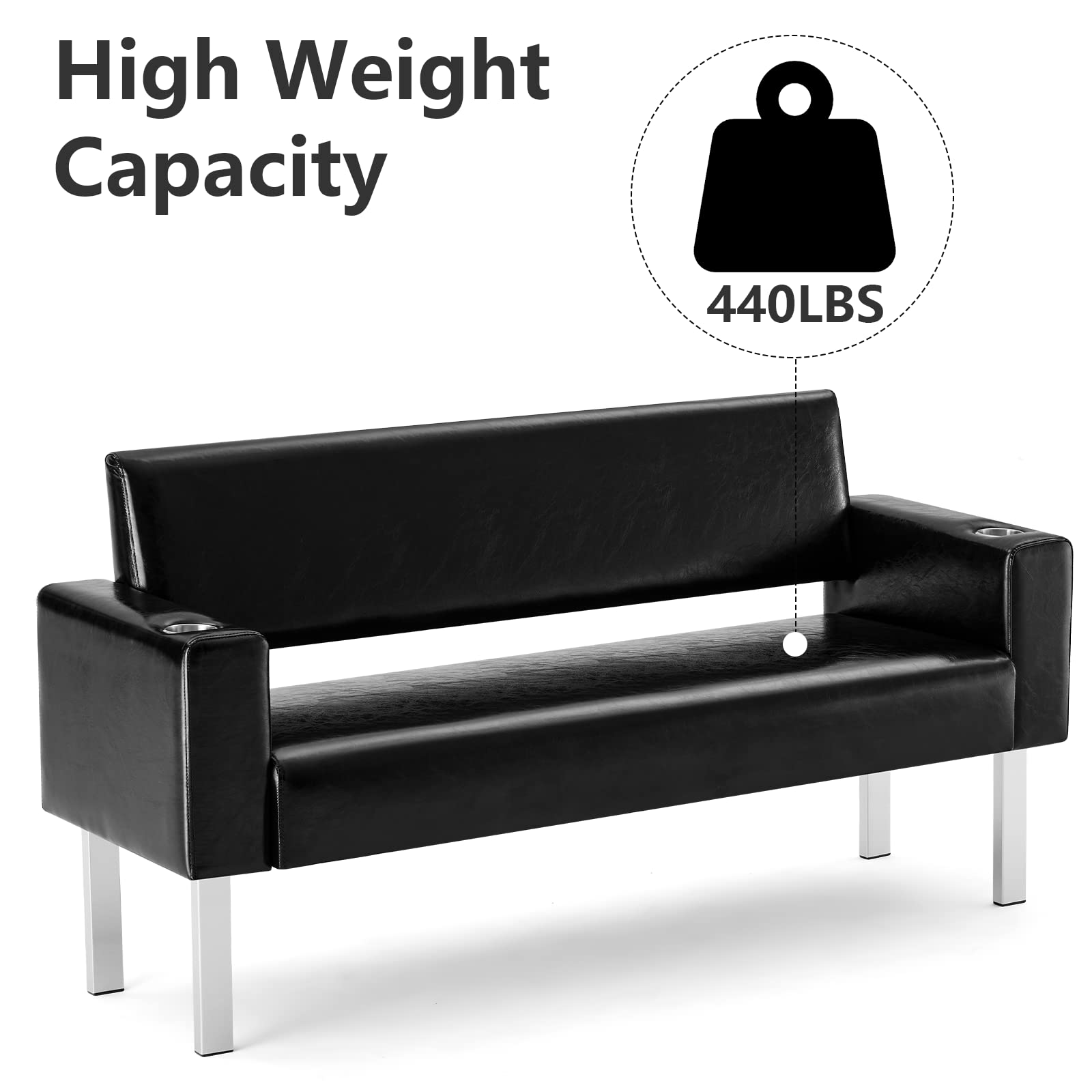 60.6" Waiting Chair Bench Seating Faux Leather with 2 Cup Holder Black