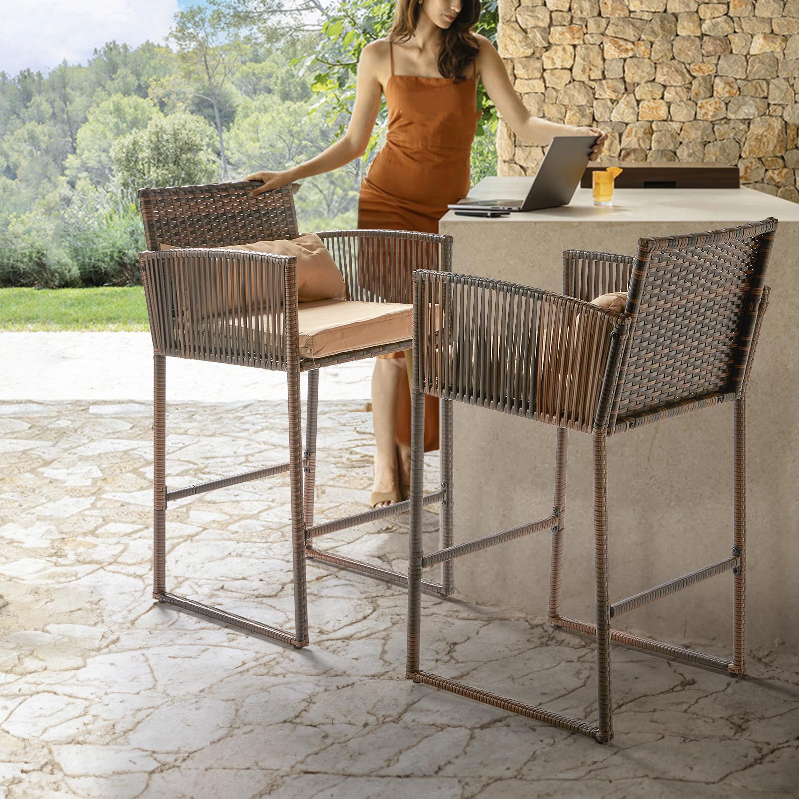 Outdoor Wicker Bar Stools and Table with Storage Shelf