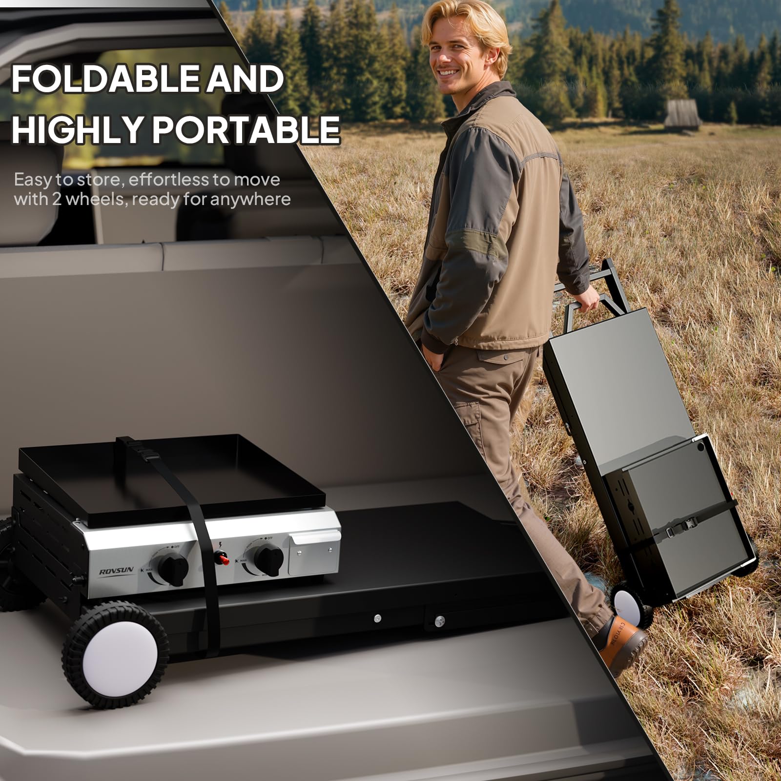ROVSUN 2-Burner 20,000 BTU Foldable Propane Griddle with Wheels