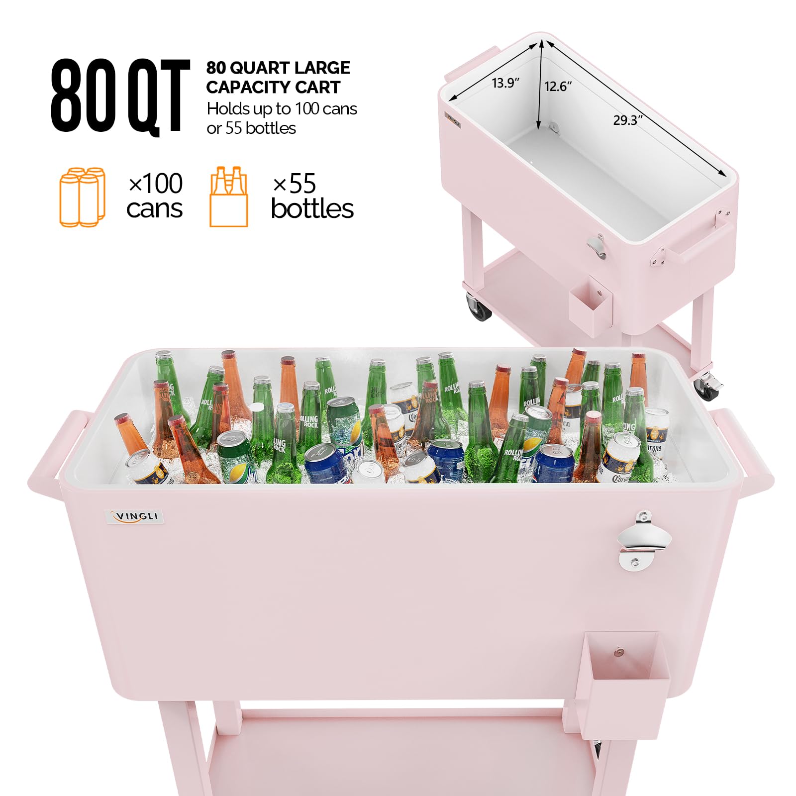 80 Quart Portable Outdoor Patio Rolling Cooler Cart Pink