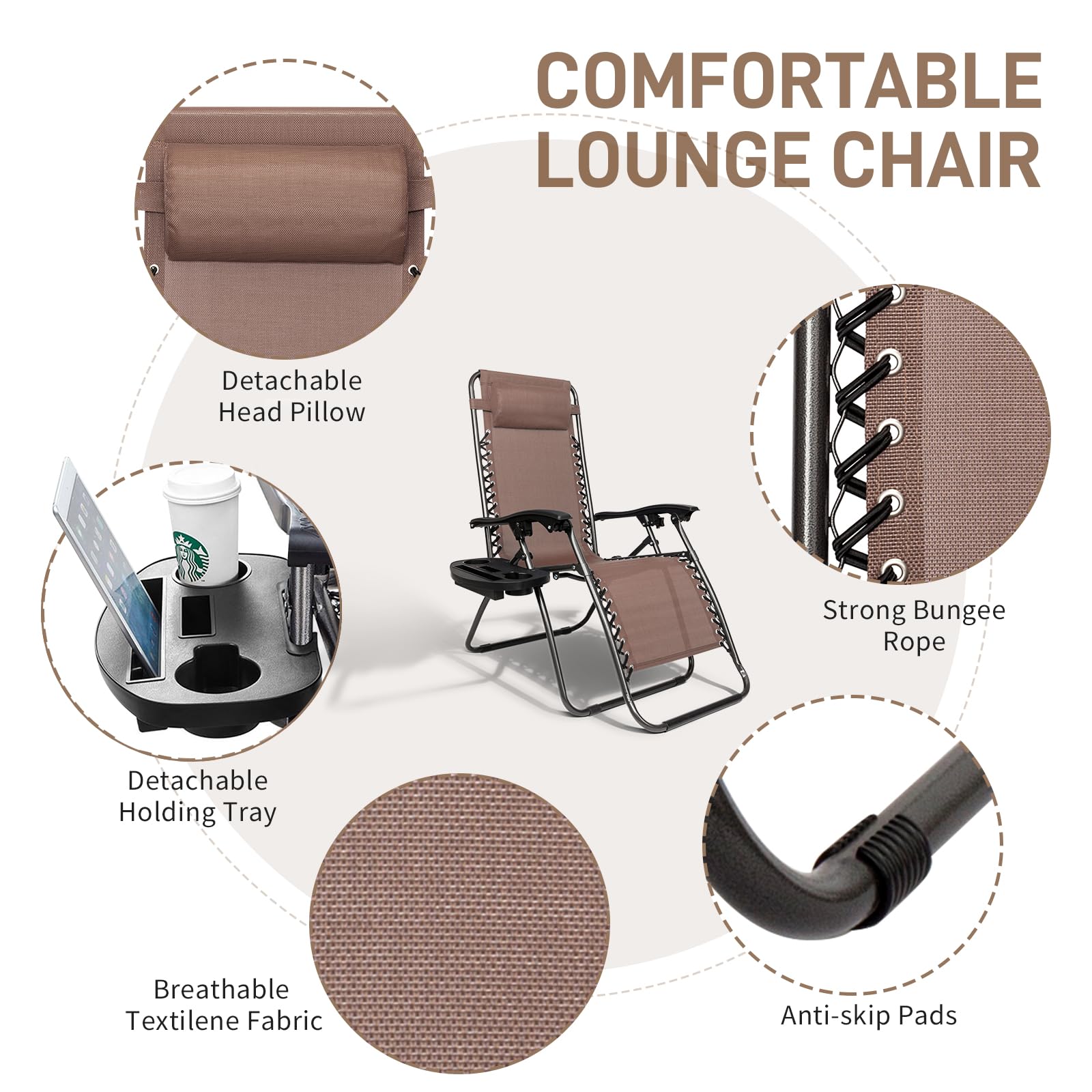 Outdoor Folding Zero Gravity Lounge Chair Brown