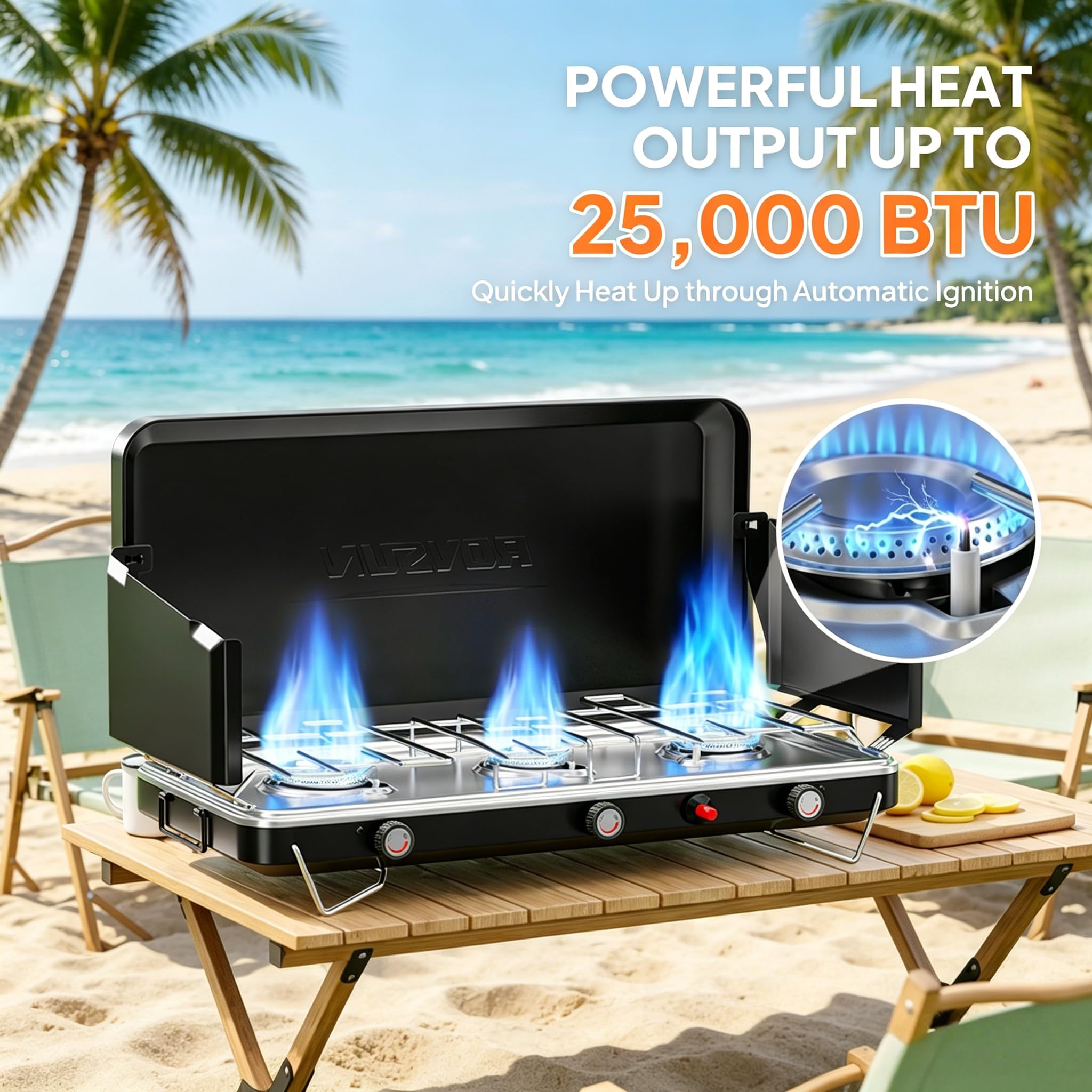 ROVSUN 3-Burner 25000 BTU Propane Camping Stove with Igniter