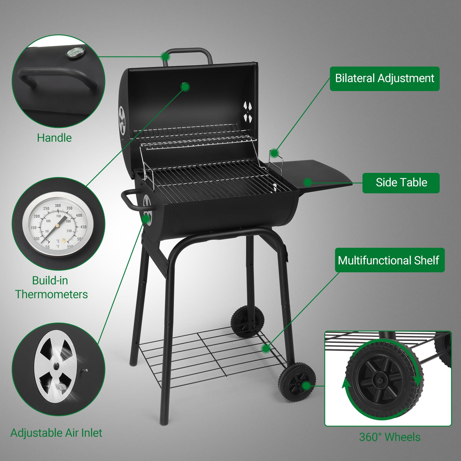VINGLI Barrel Charcoal Grill with Side Table