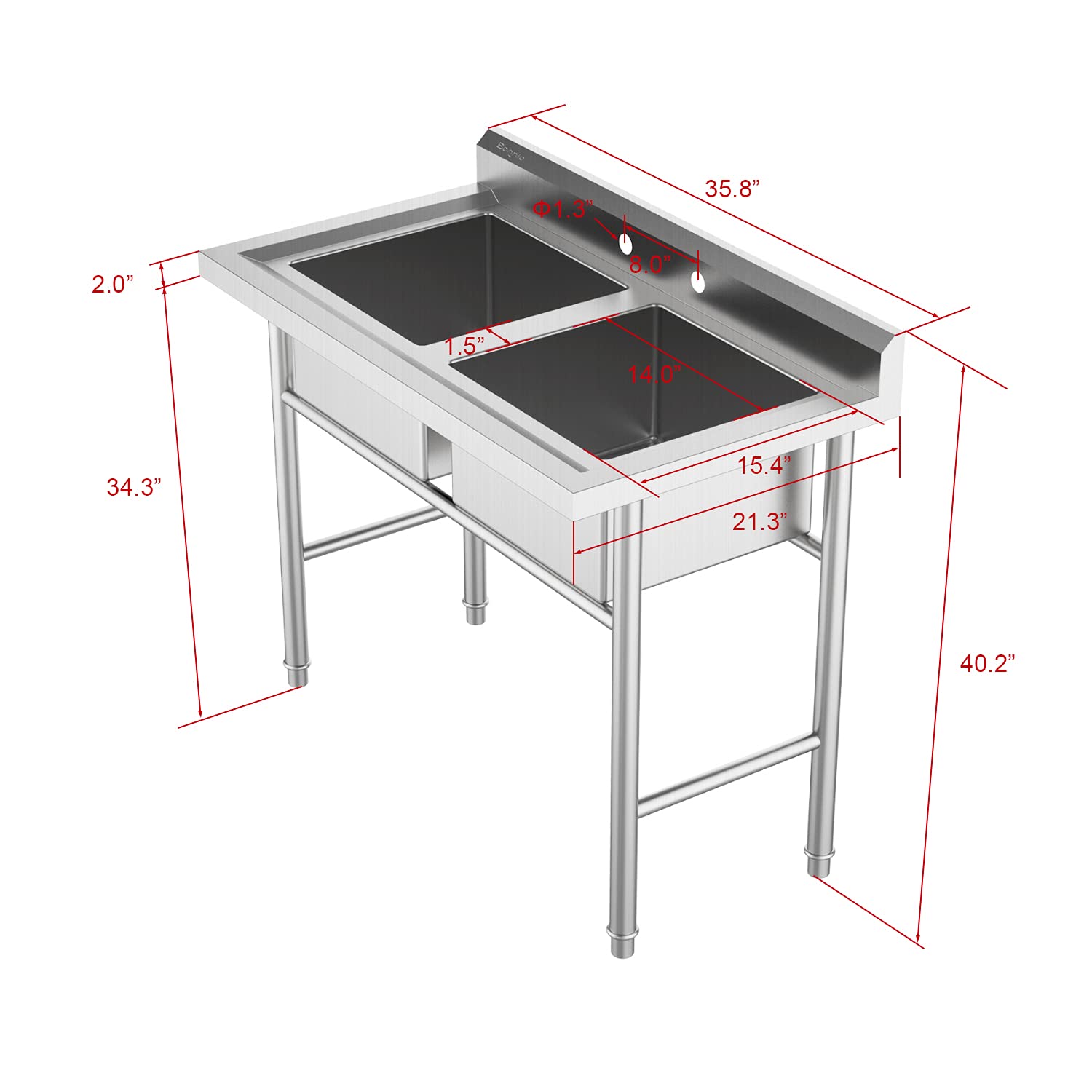 ROVSUN 36" x 21" 2 Compartment 304 Stainless Steel Sink Kitchen Restaurant
