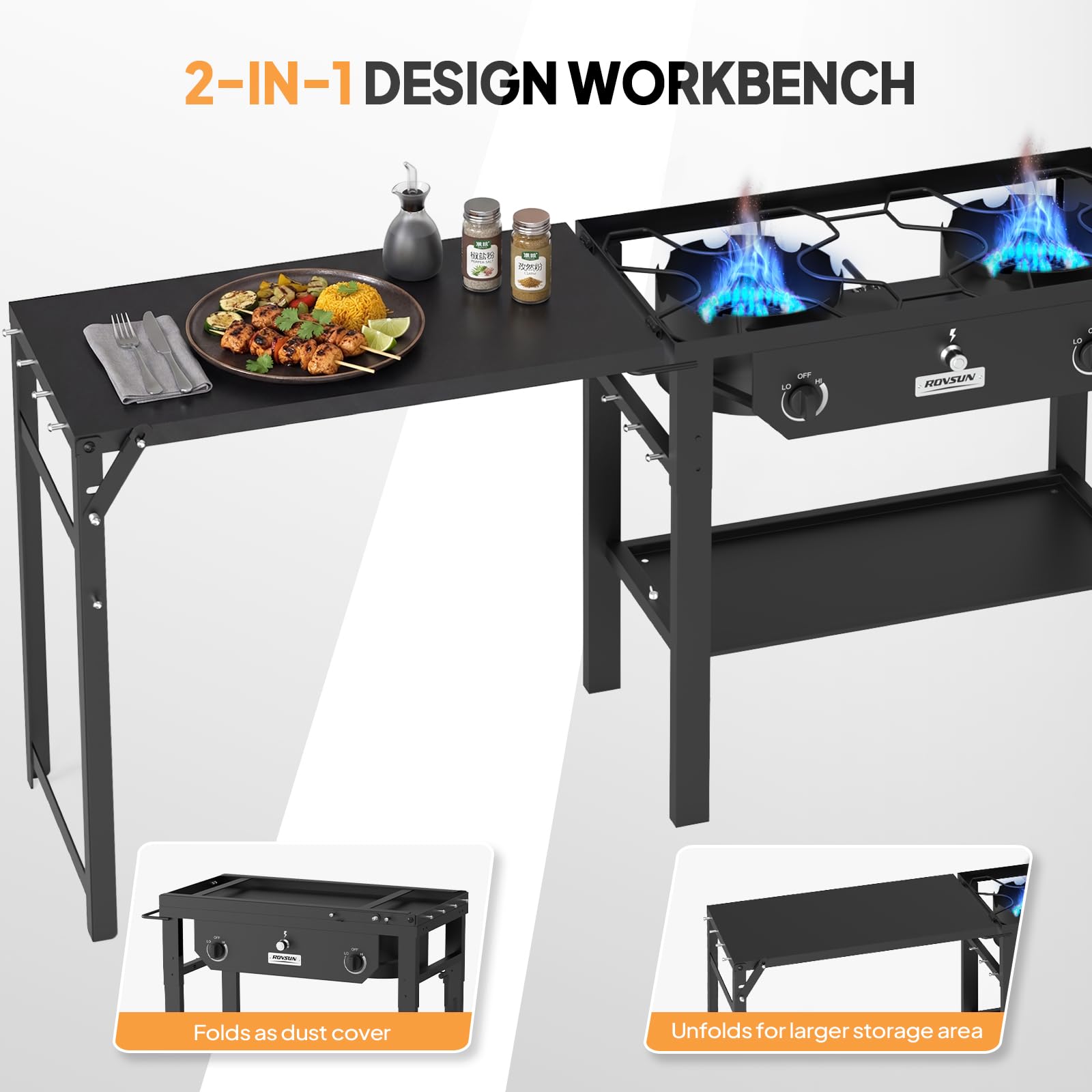 ROVSUN 2-Burner 150000 BTU Outdoor Camping Propane Stove with Foldable Work Station