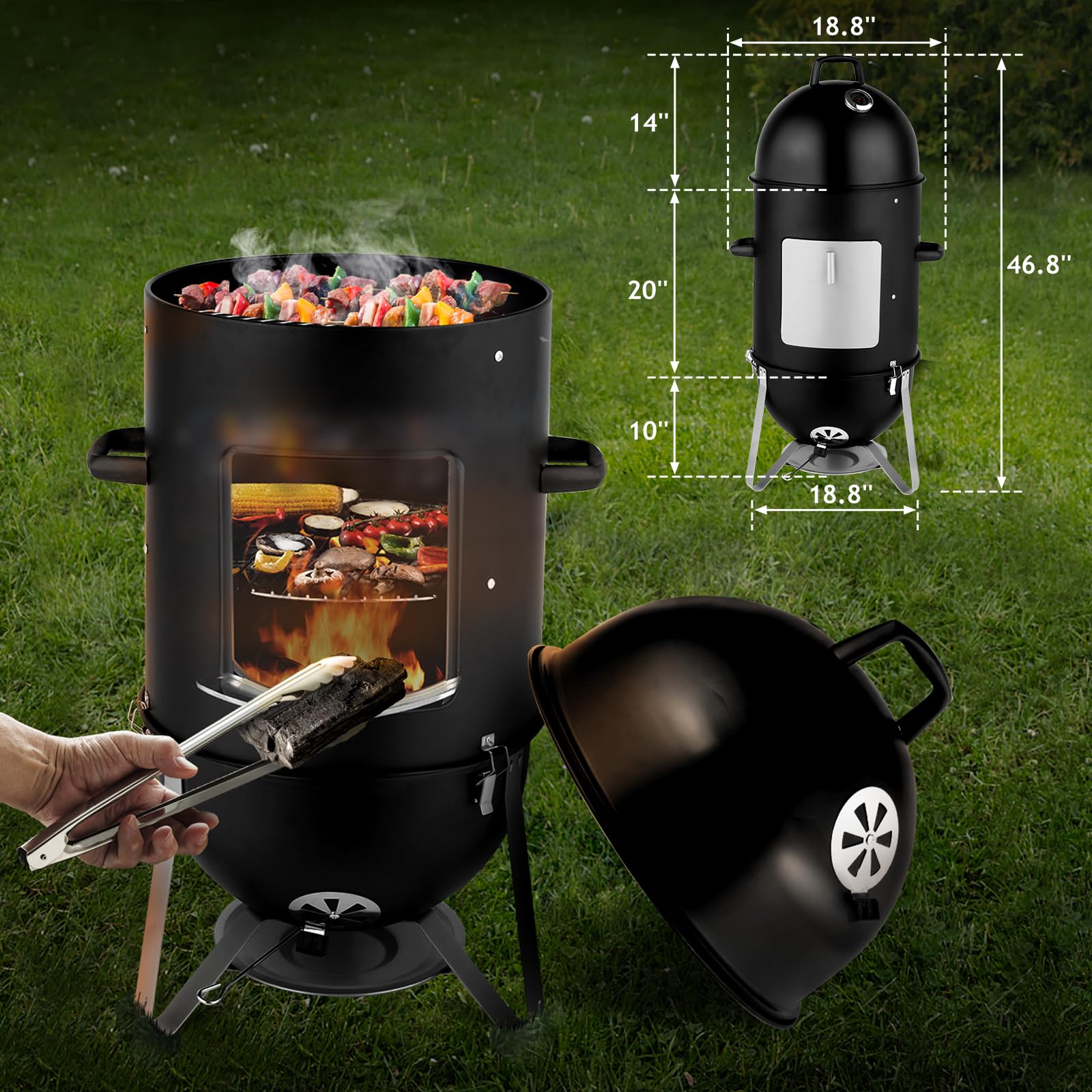 4-Tier 3-in-1 Vertical Charcoal Grill Outdoor BBQ Charcoal Smoker