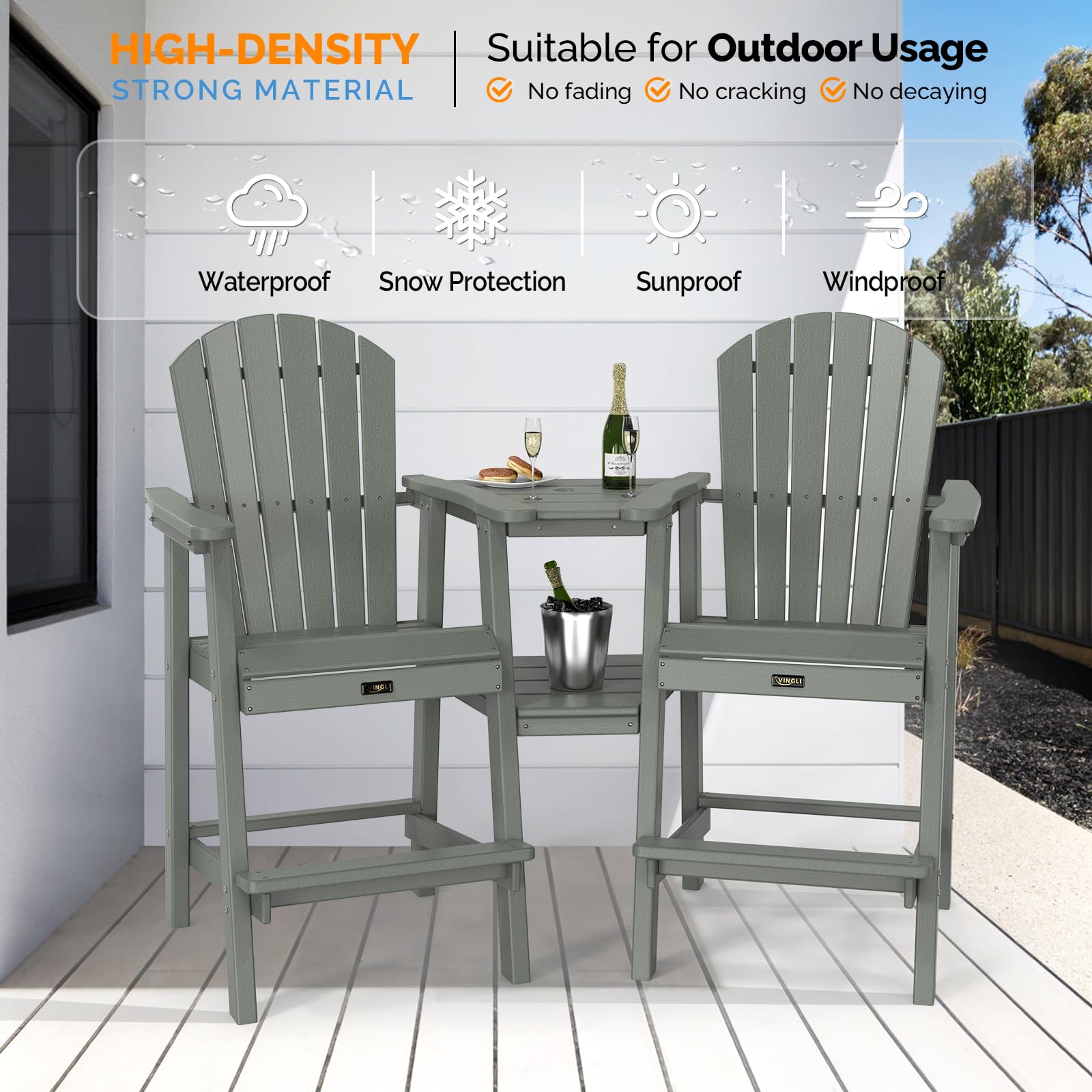 HDPE Adirondack Bar Stool Set with Detachable Tray Grey