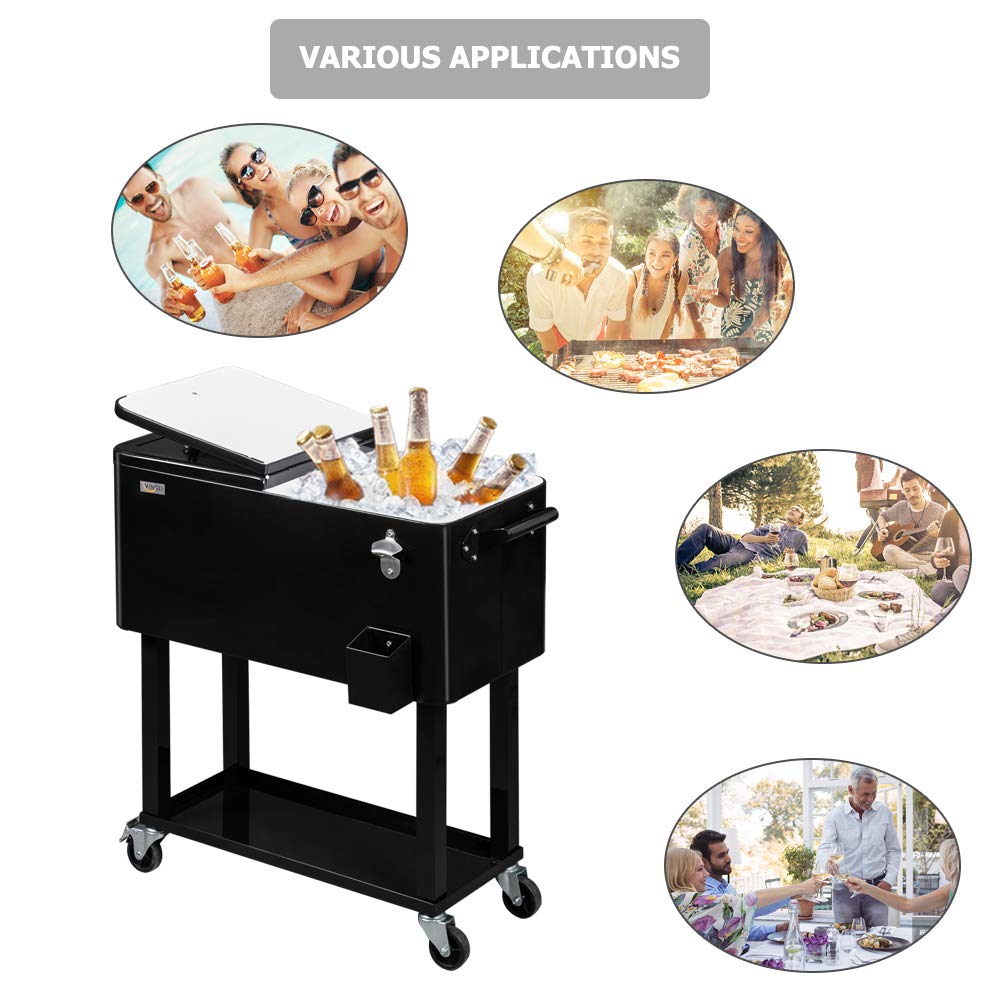 80 Quart Portable Outdoor Patio Rolling Cooler Cart Black