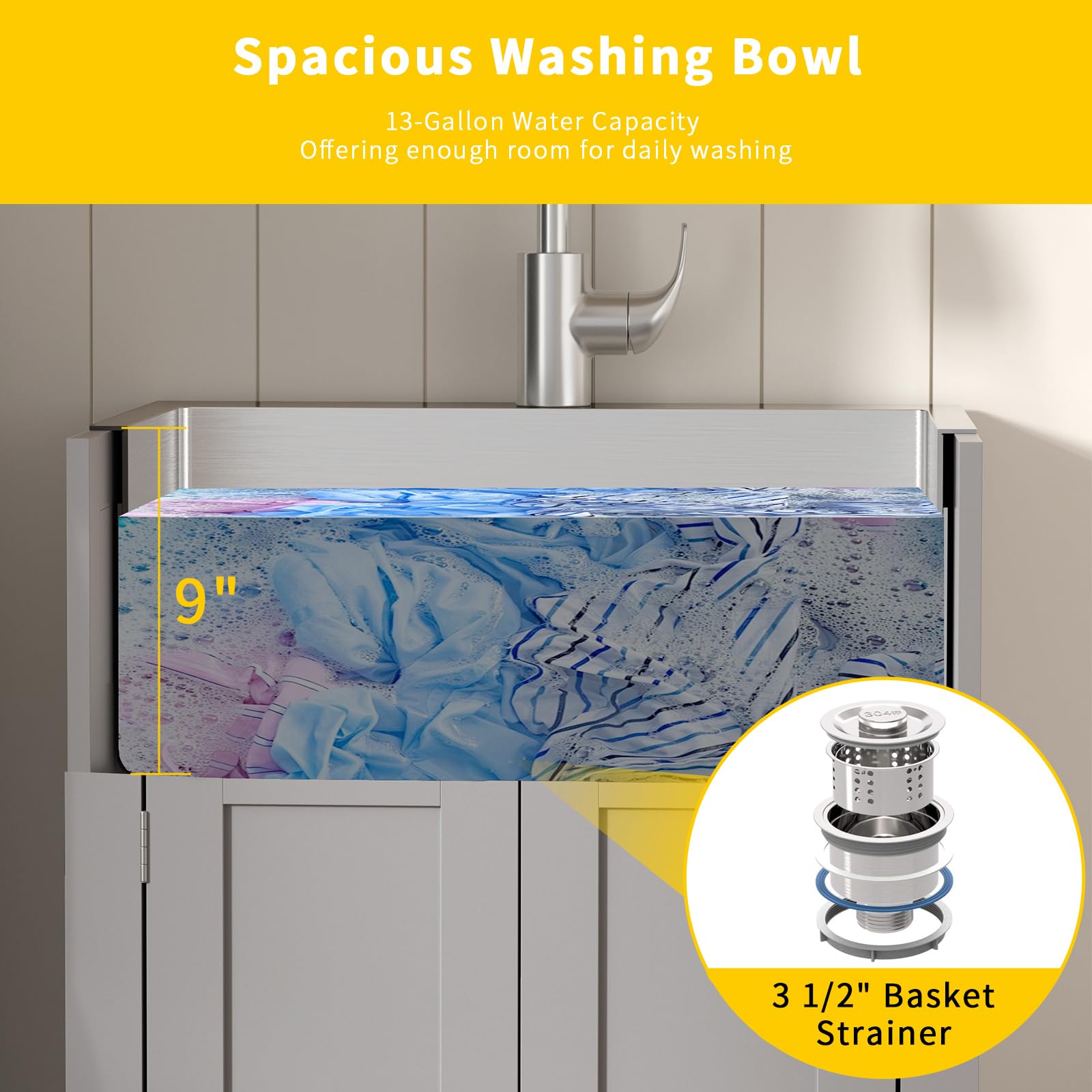 ROVSUN 24" x 20" Utility Sink with Cabinet for Kitchen Laundry Room Grey