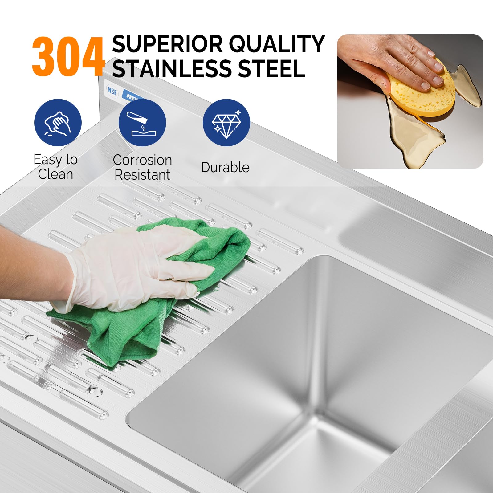 ROVSUN 60" x 18" 3 Bowl Underbar Sink with Faucet & 2 Drainboards