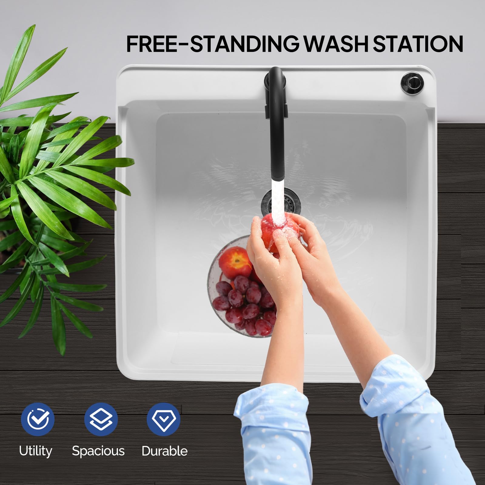 ROVSUN 24" x 24" Plastic Utility Sink with Storage Shelf White