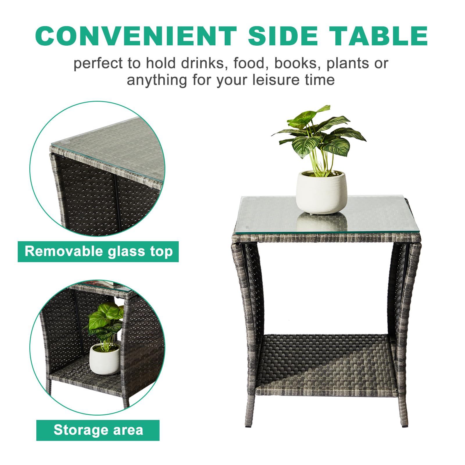 Outdoor Wicker Side Table with Storage Grey