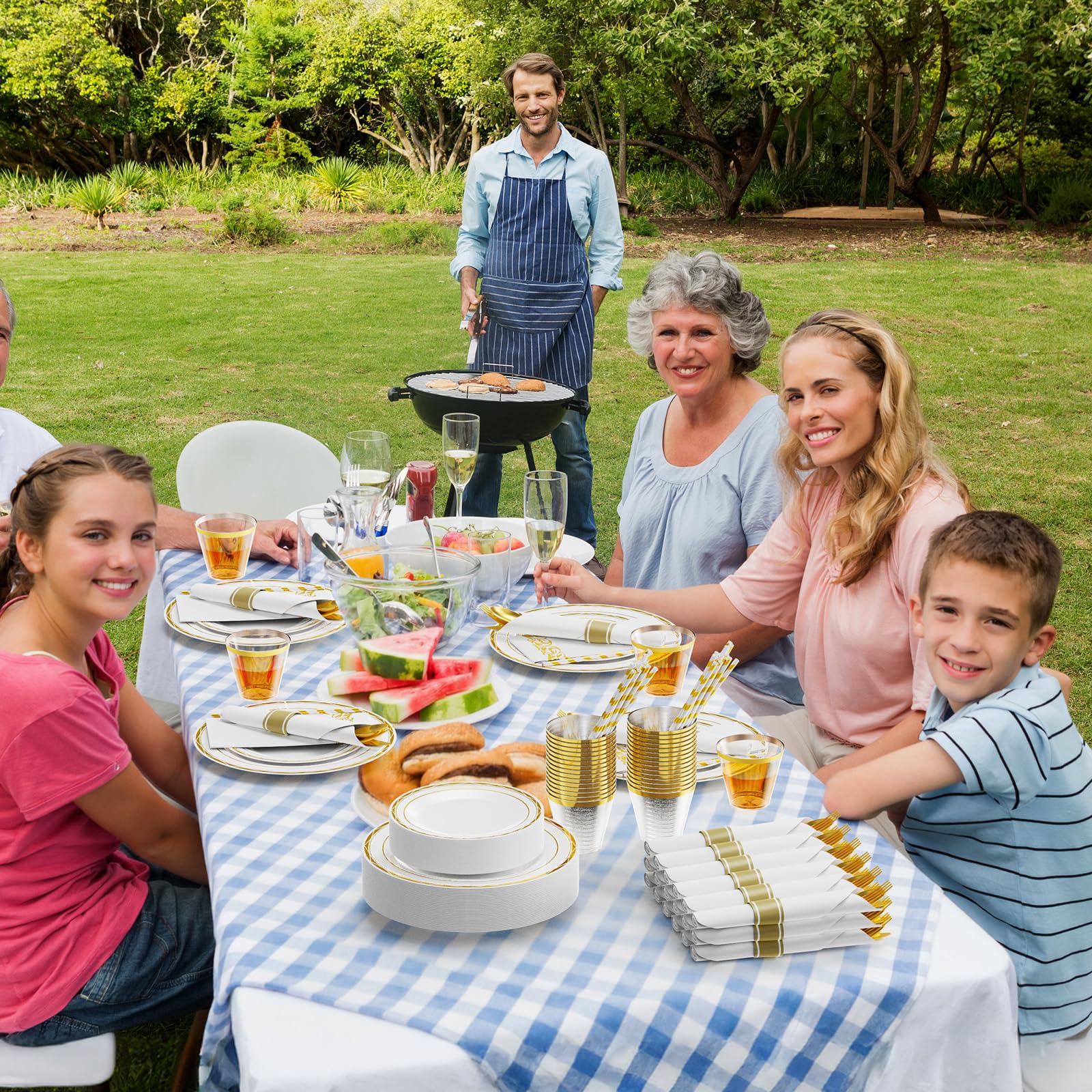 ROVSUN 400 Pieces Pre Rolled Napkins Gold Disposable Plastic Dinnerware Set for 50 Guests