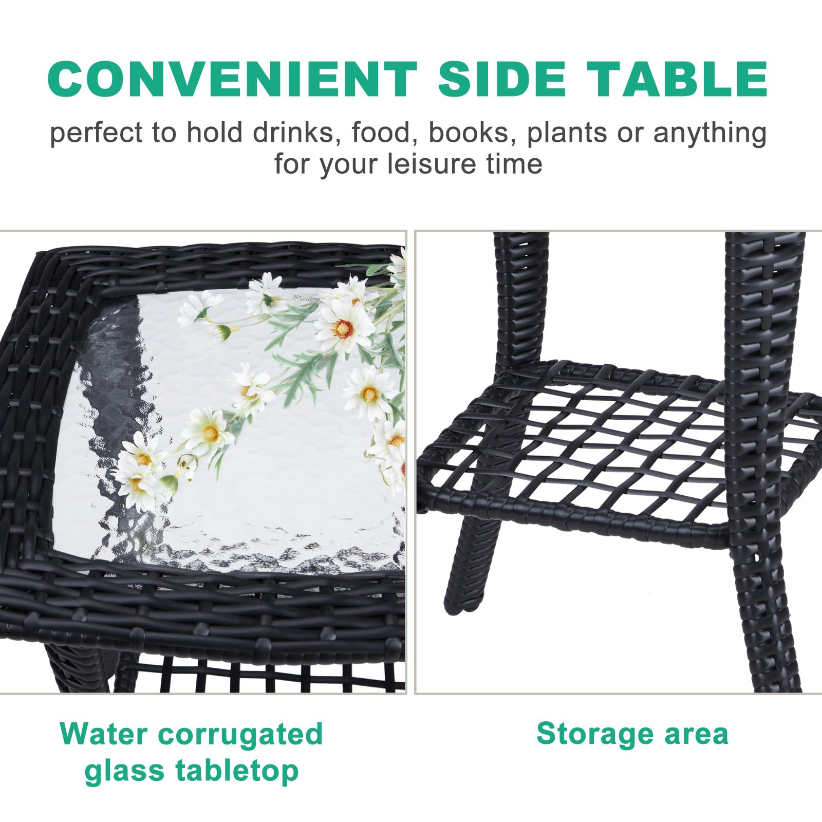 Outdoor Wicker Side Table with Tempered Glass Top Black