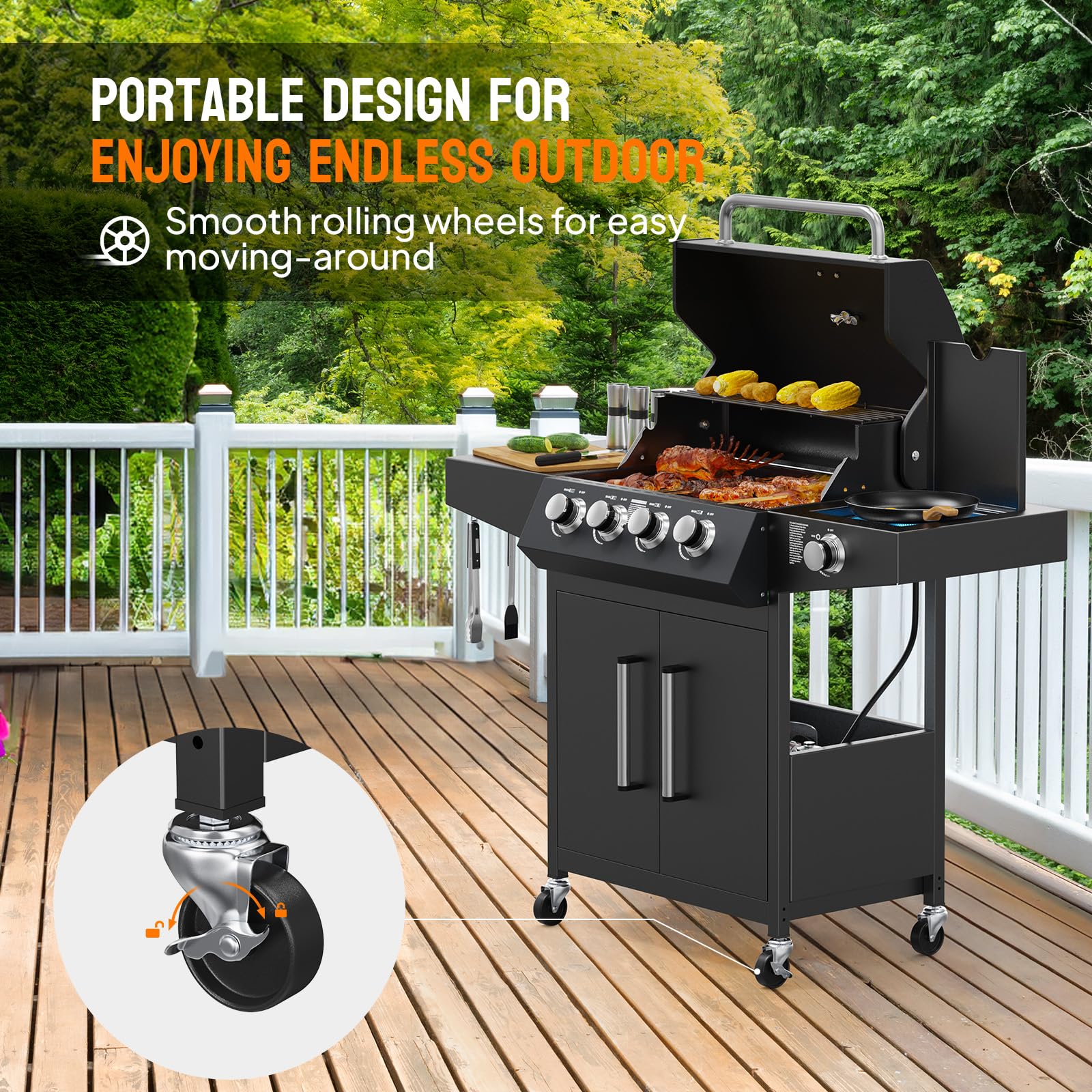ROVSUN 4-Burner 58,000 BTU Propane Grill with Side Burner & Rolling Wheels