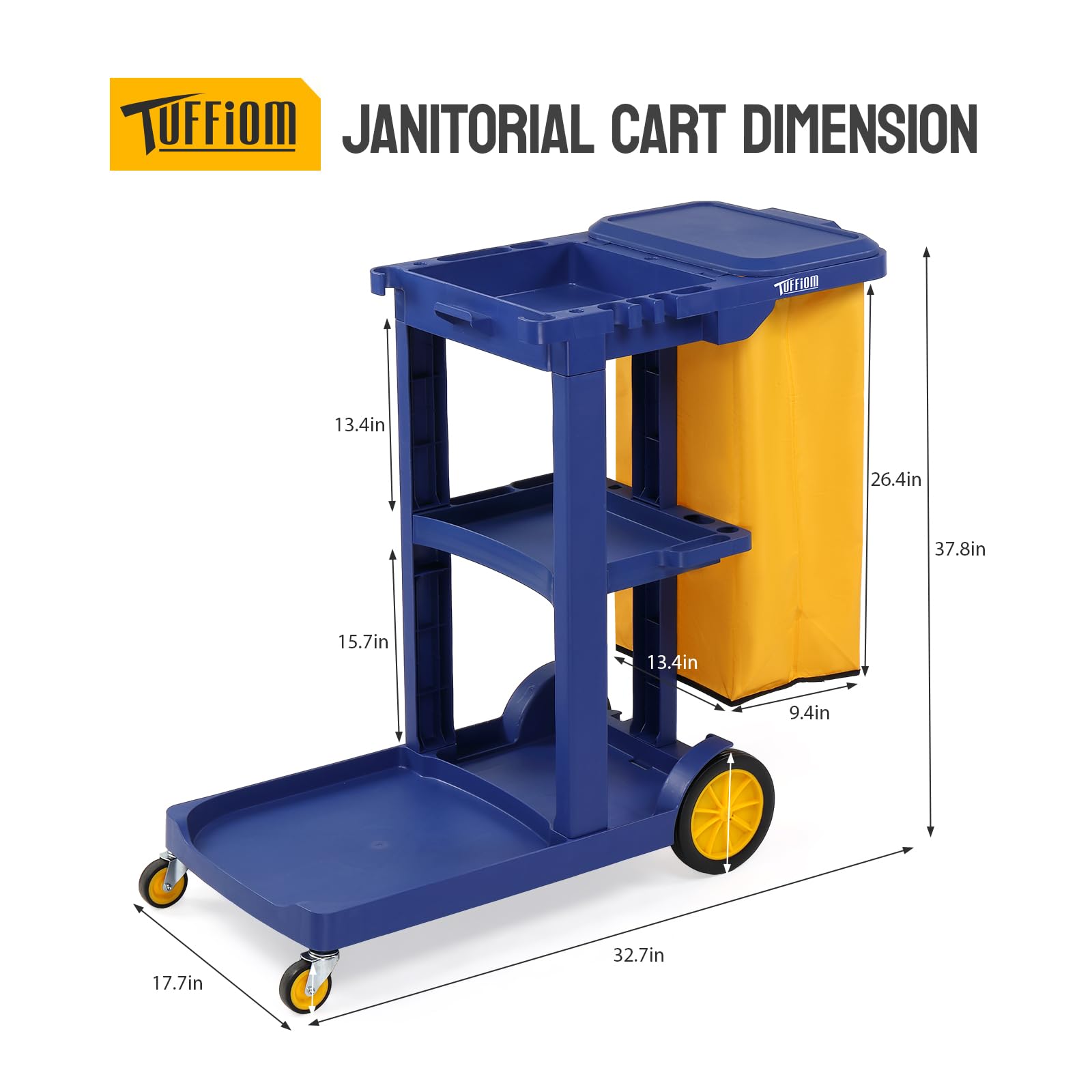 3-Tier 500 LBS Capacity Janitorial Cart with 15 Gallon Bag Blue