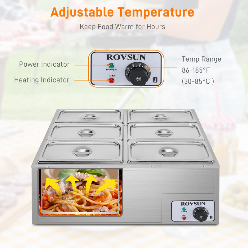 ROVSUN 42.3QT 1200W 110V 6-Pan Electric Steam Table Commercial Food Warmer Countertop