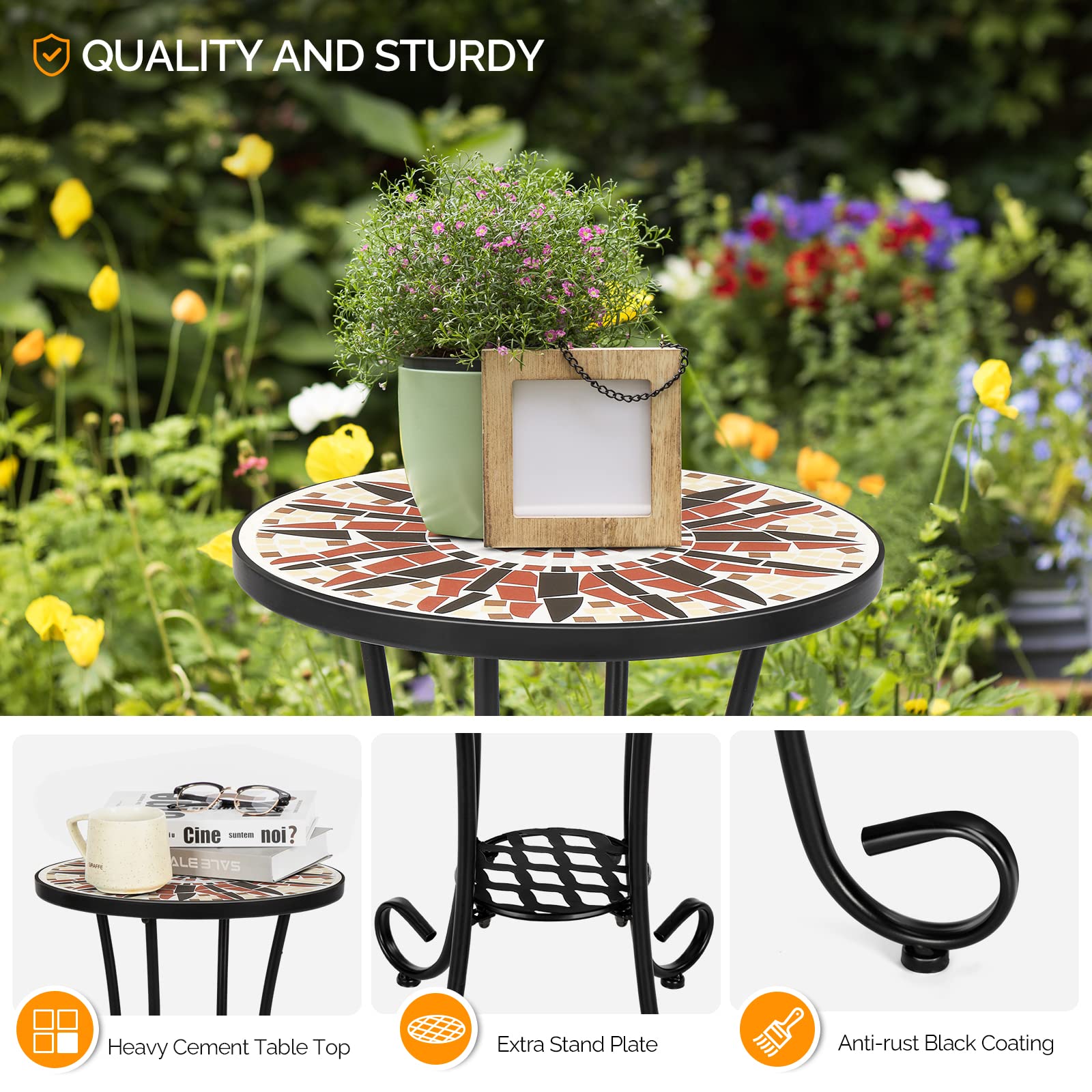 14" Round Mosaic Outdoor Side Table Brown Flower