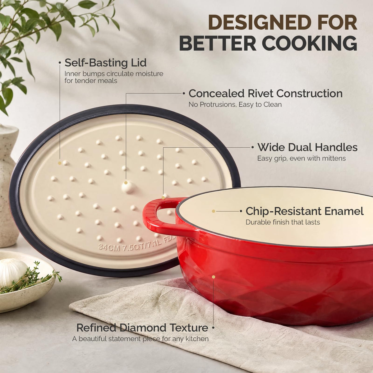 ROVSUN 7.5 QT Oval Enameled Cast Iron Dutch Oven Pot Red