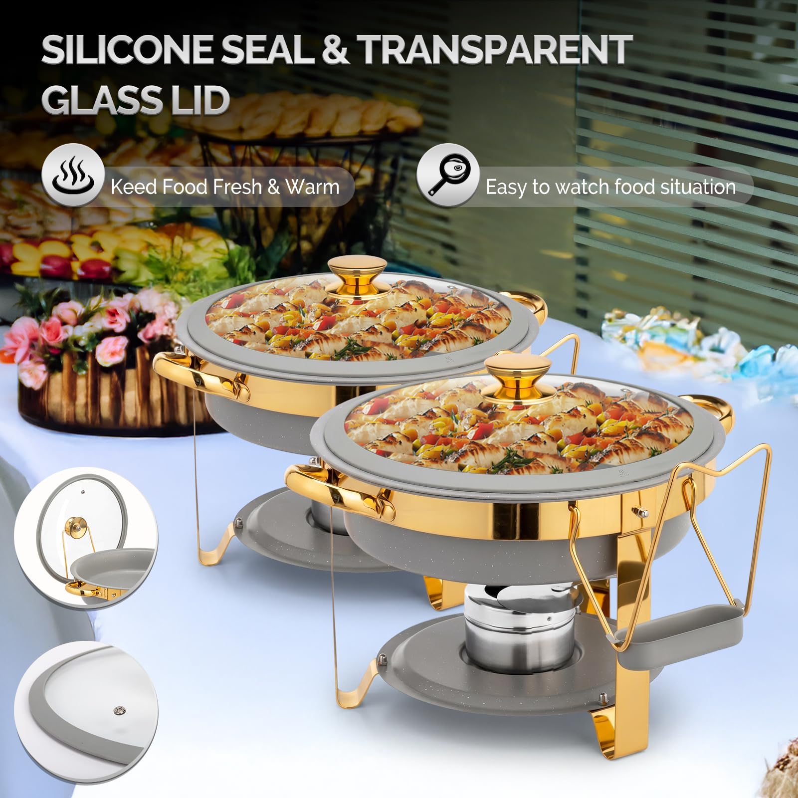 ROVSUN 5 QT Round Gray-Gold Chafing Dish Buffet Set with Lid Holder