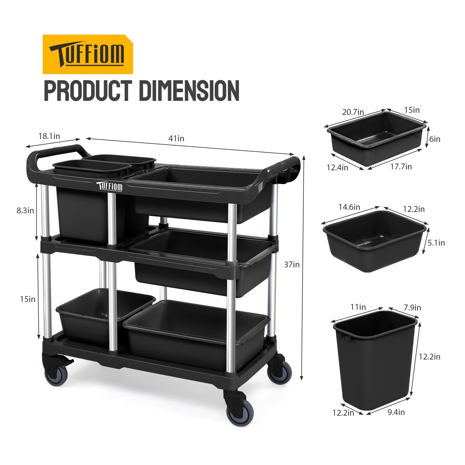 3-Tier 41" x 18" 330 lb. Capacity Plastic Utility Cart/Bussing Cart Black