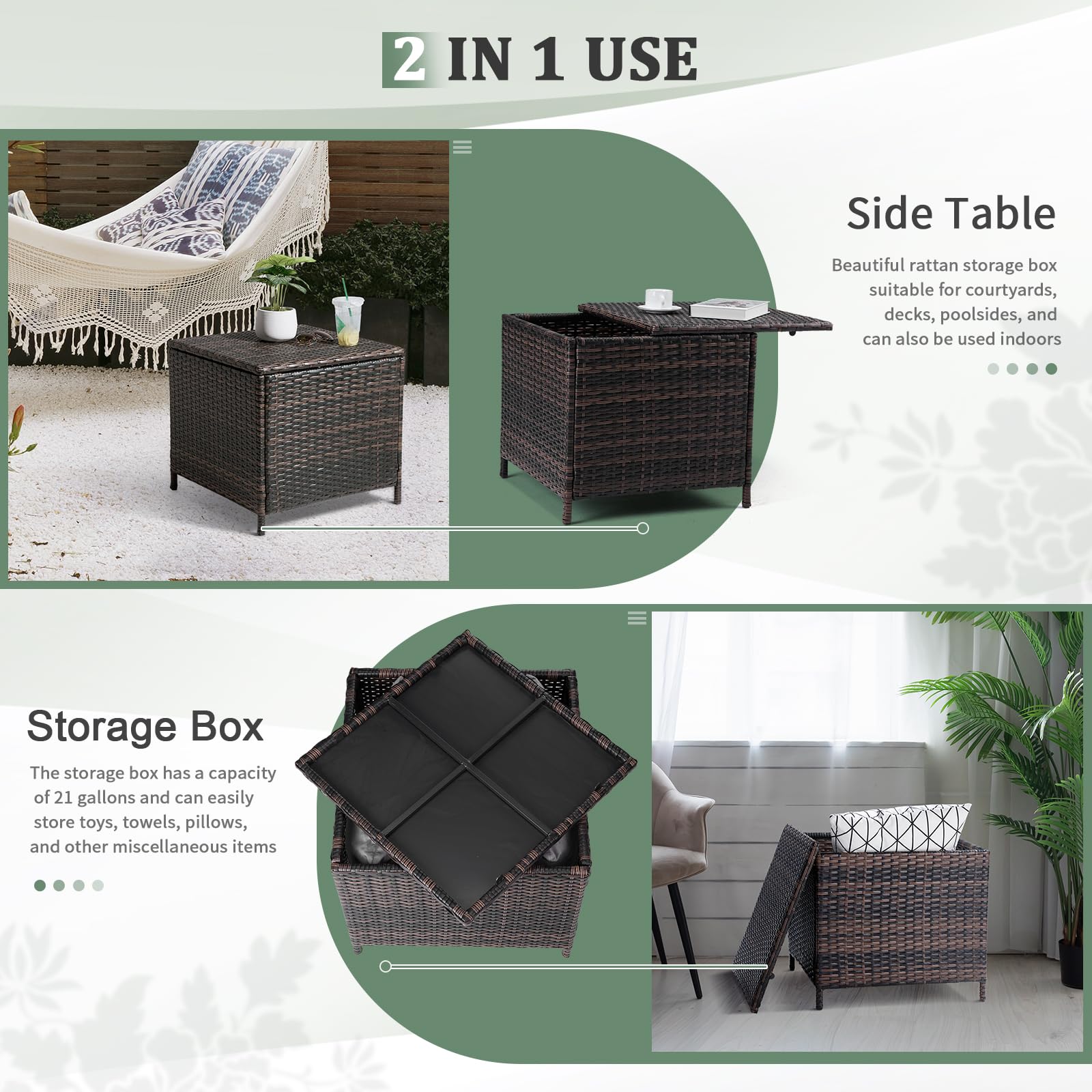 27 Gallon Rectangular Outdoor Wicker Side Table with Storage
