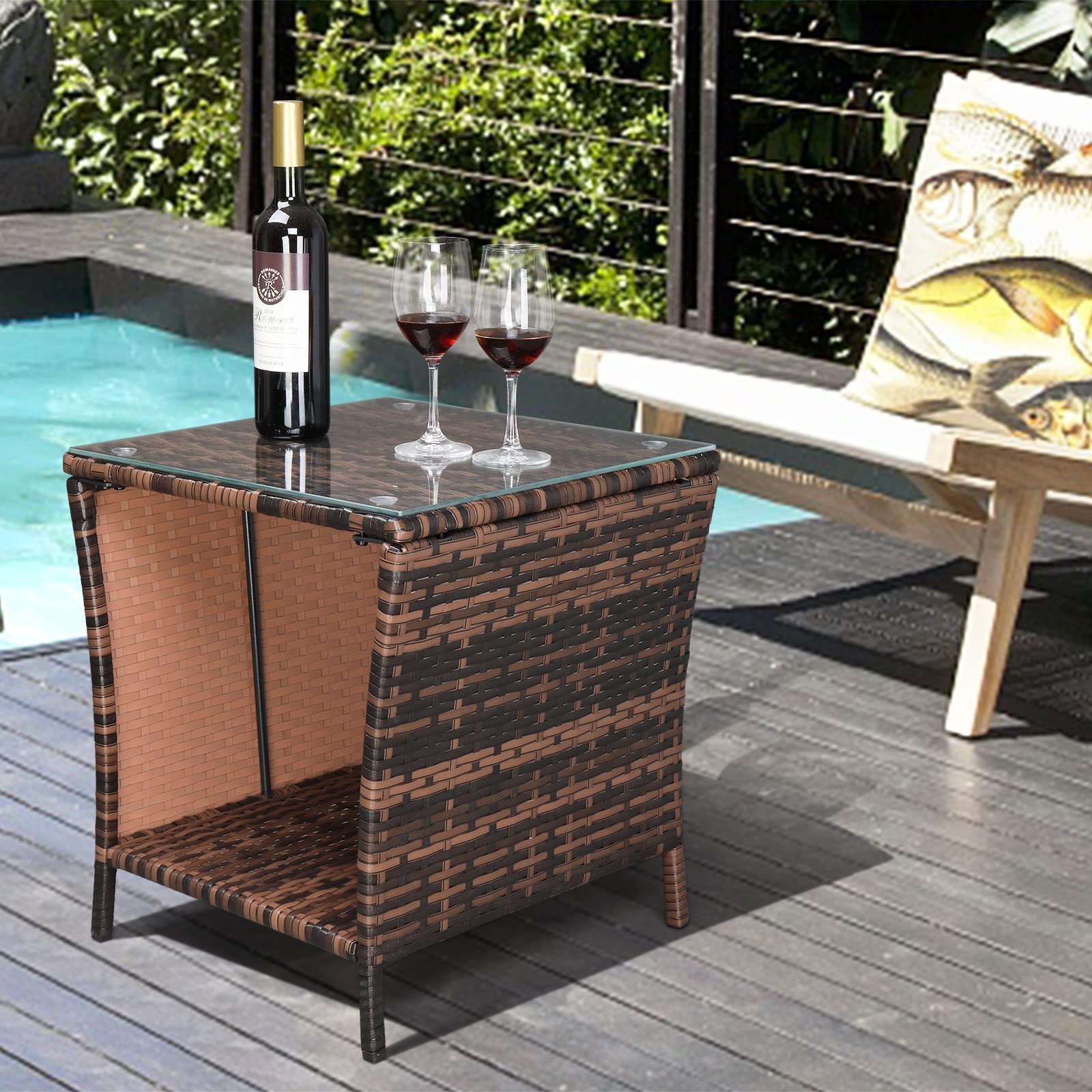 Outdoor Wicker Side Table with Storage Brown