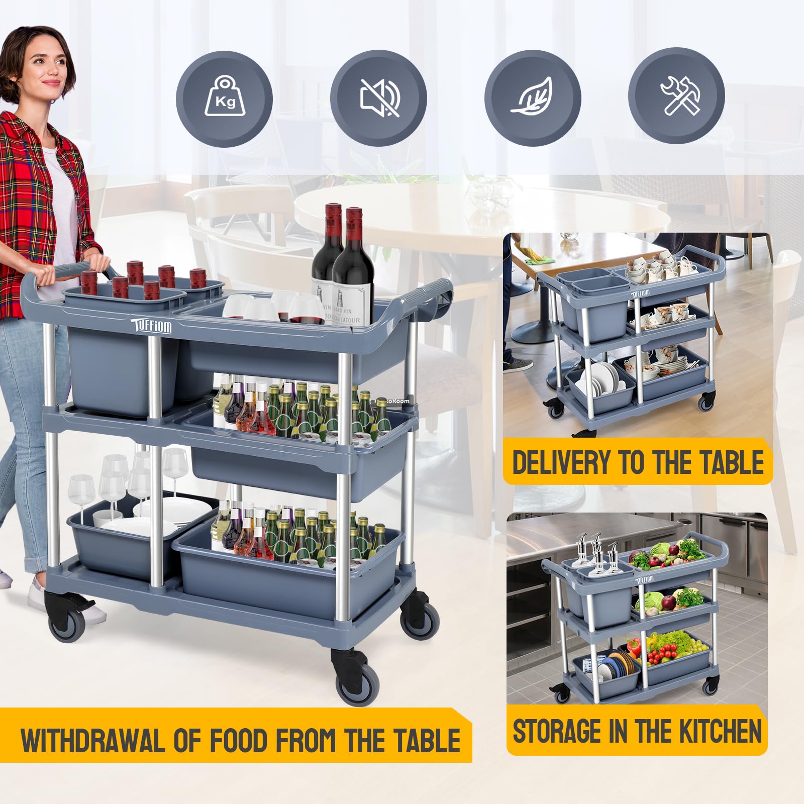 3-Tier 41" x 18" 330 lb. Capacity Plastic Utility Cart/Bussing Cart Grey