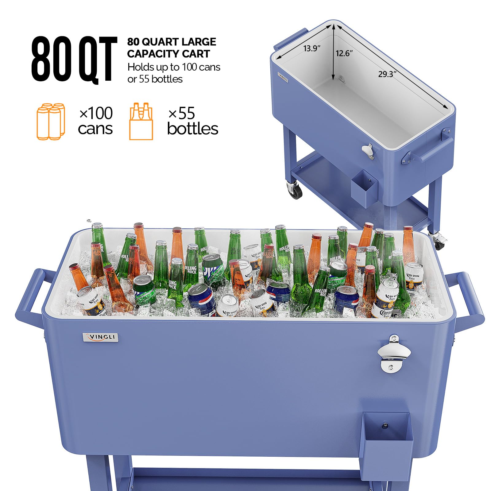 80 Quart Portable Outdoor Patio Rolling Cooler Cart Haze Blue