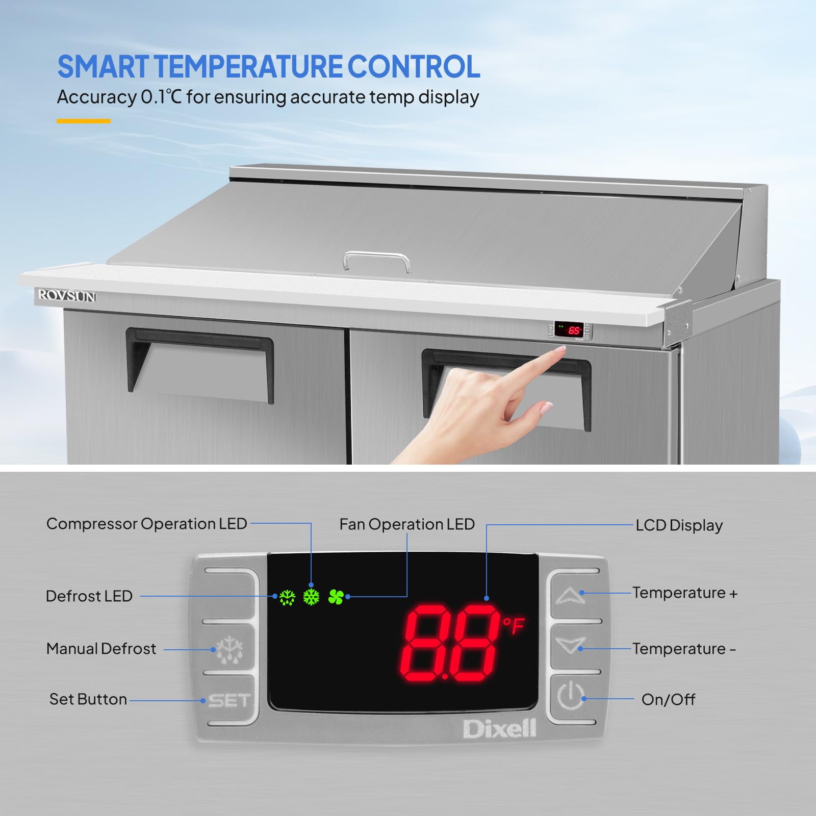ROVSUN 48" 13.1 Cu.Ft. 320W 115V Silver Refrigerated Salad Sandwich Prep Table