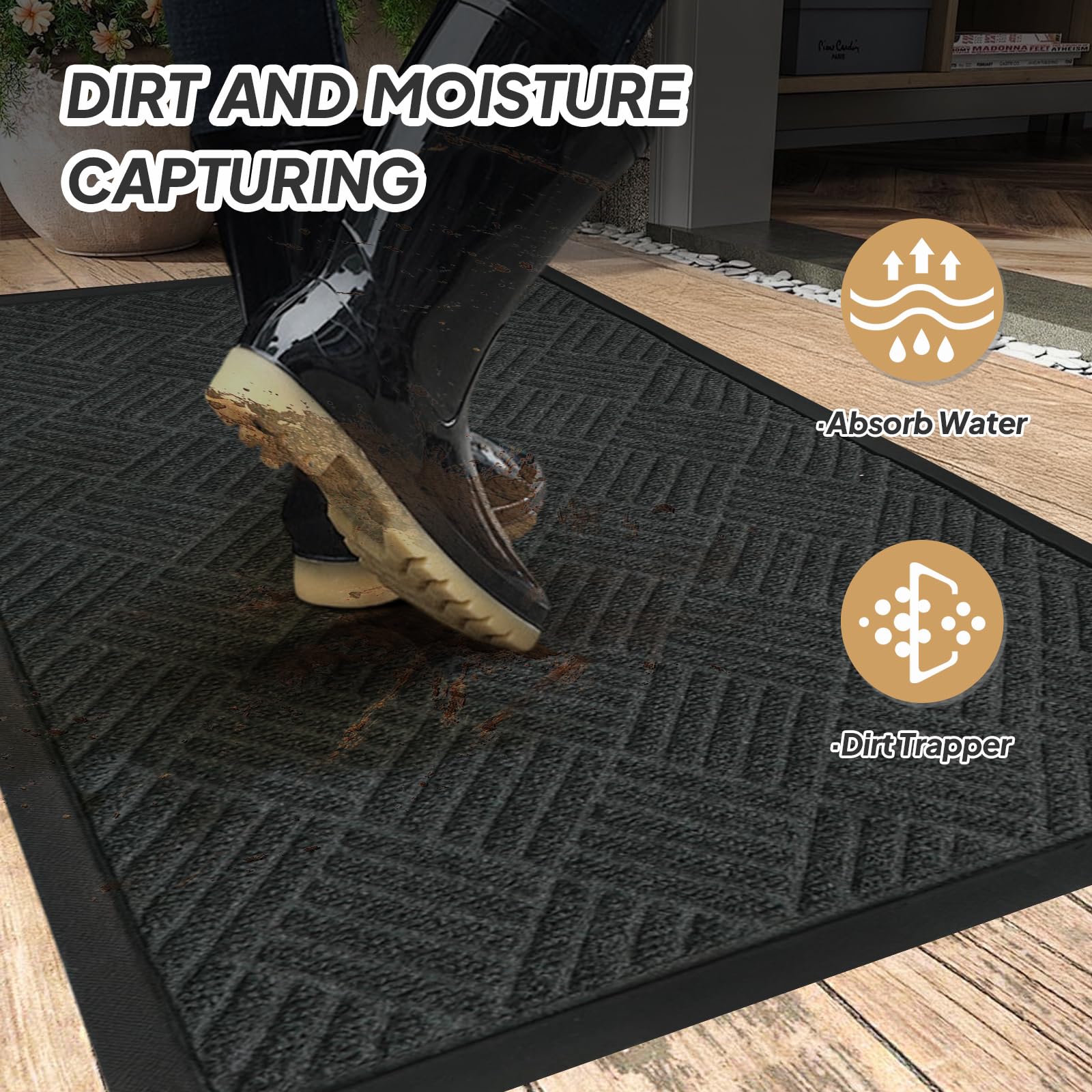 ROVSUN 35.4" × 23.6" Front Door Mat with Diamond Pattern Diamond Non-Slip Grey