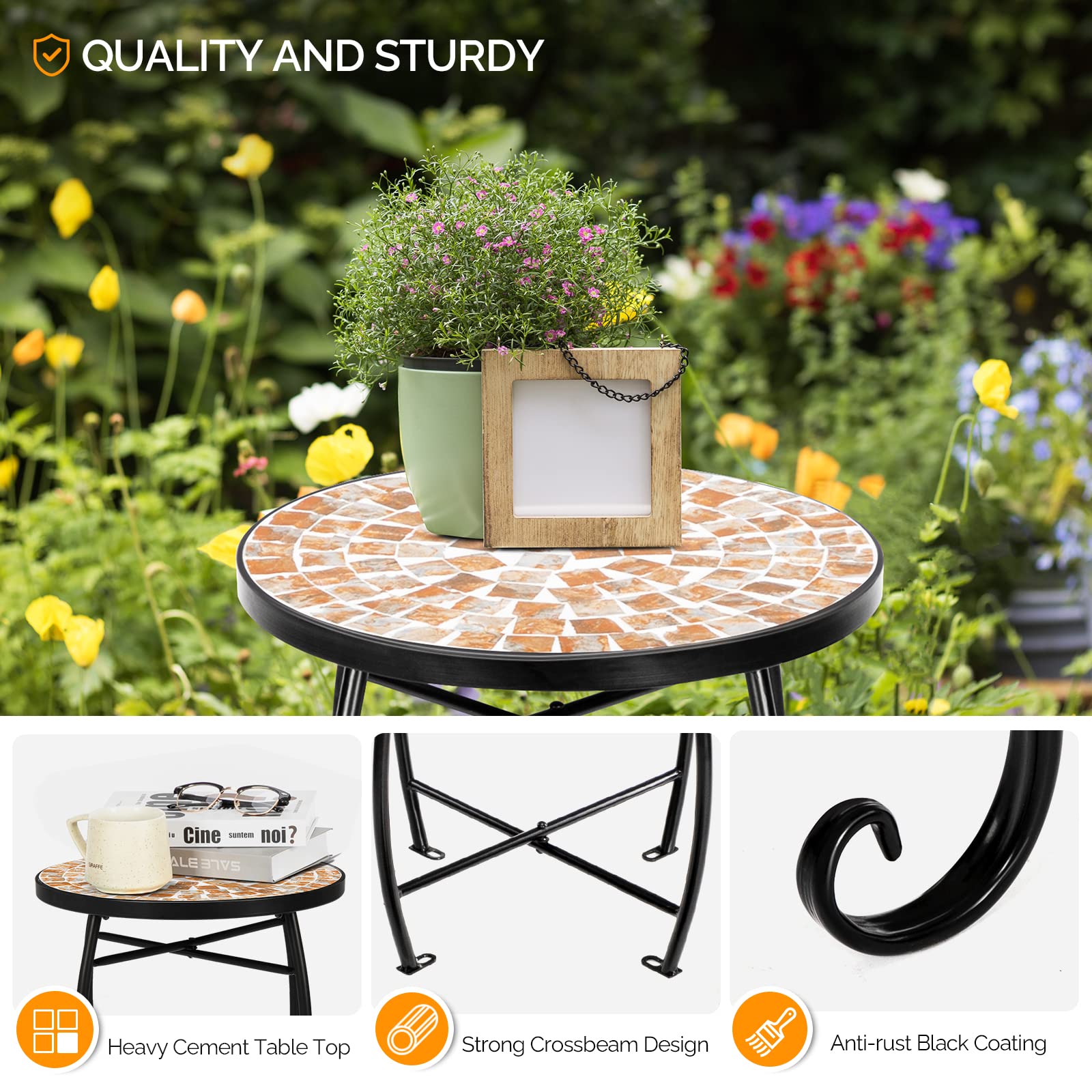 14" Round Mosaic Outdoor Side Table Golden Yard