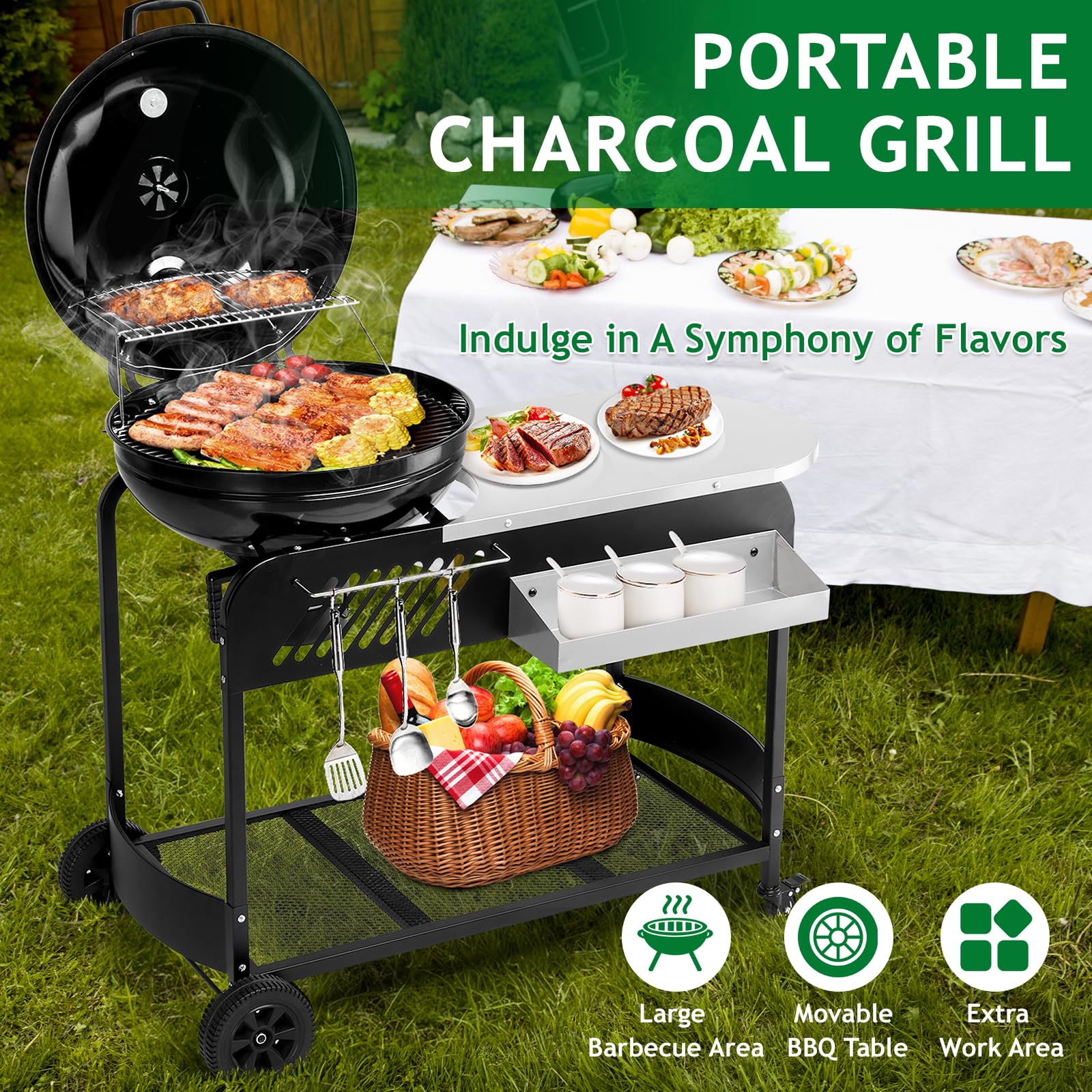 ROVSUN Movable Charcoal Grill with Fully Functional Cart