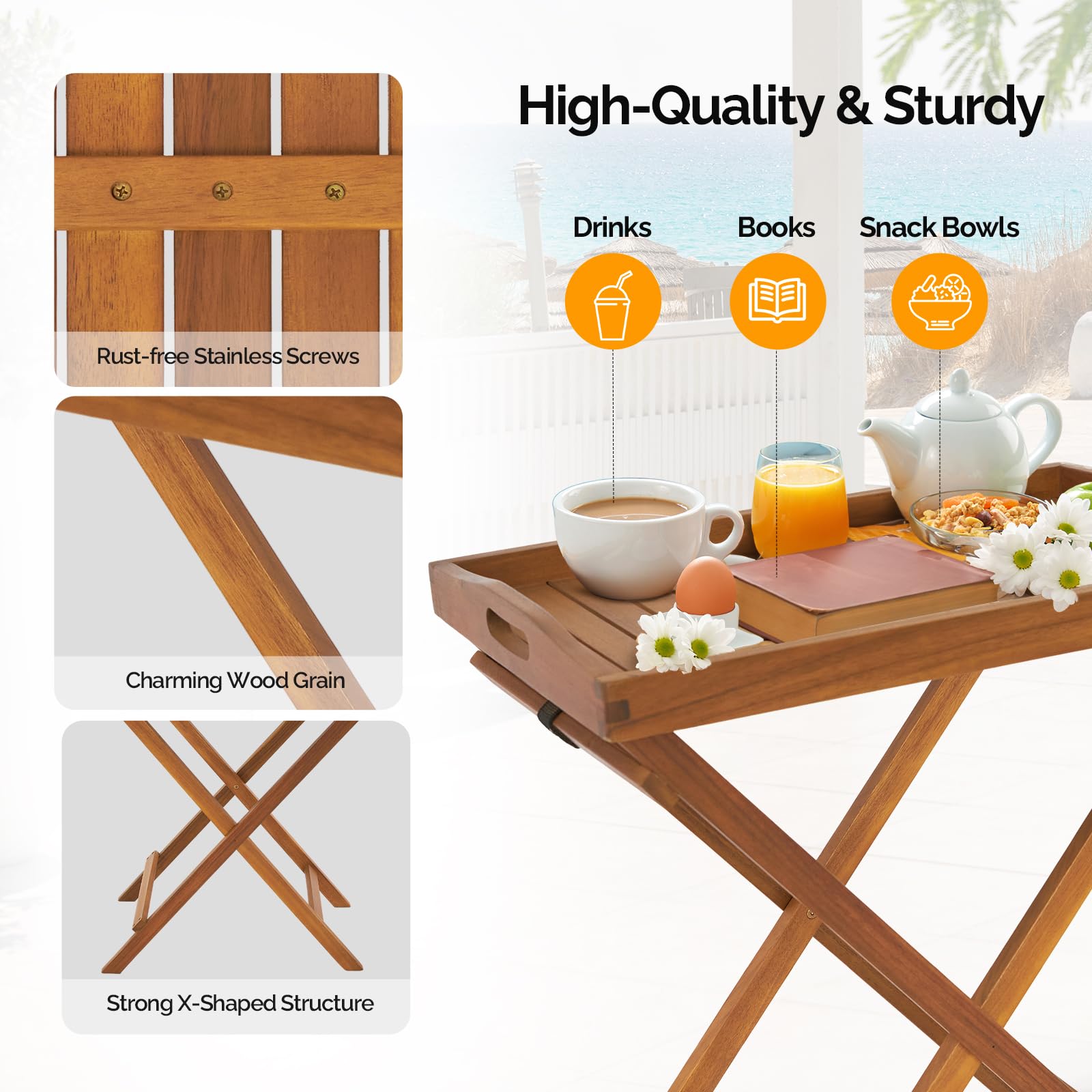 26" FSC Acacia Wooden Folding Table with Removable Tray