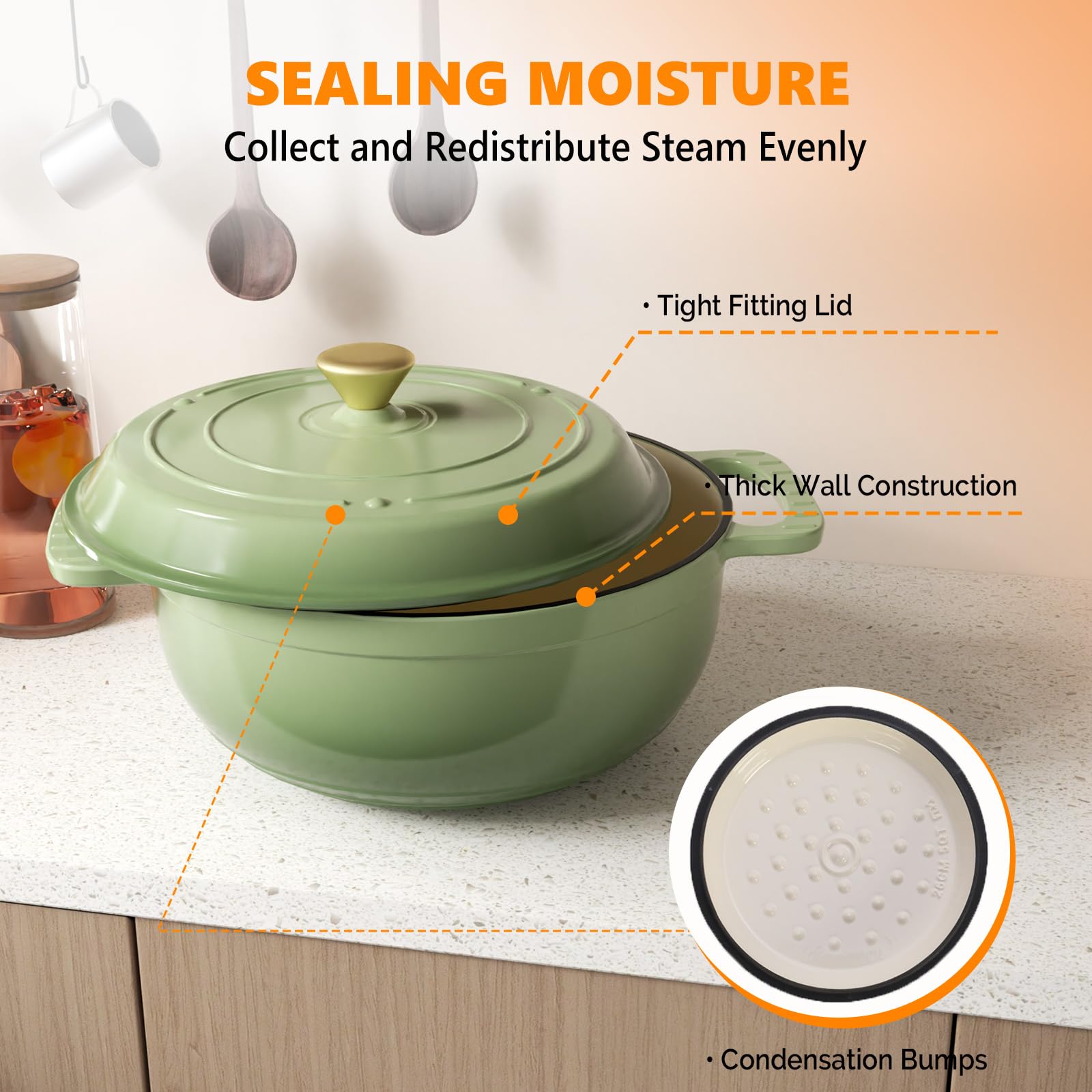 ROVSUN 7.5 QT Enameled Cast Iron Round Dutch Oven Sage Green